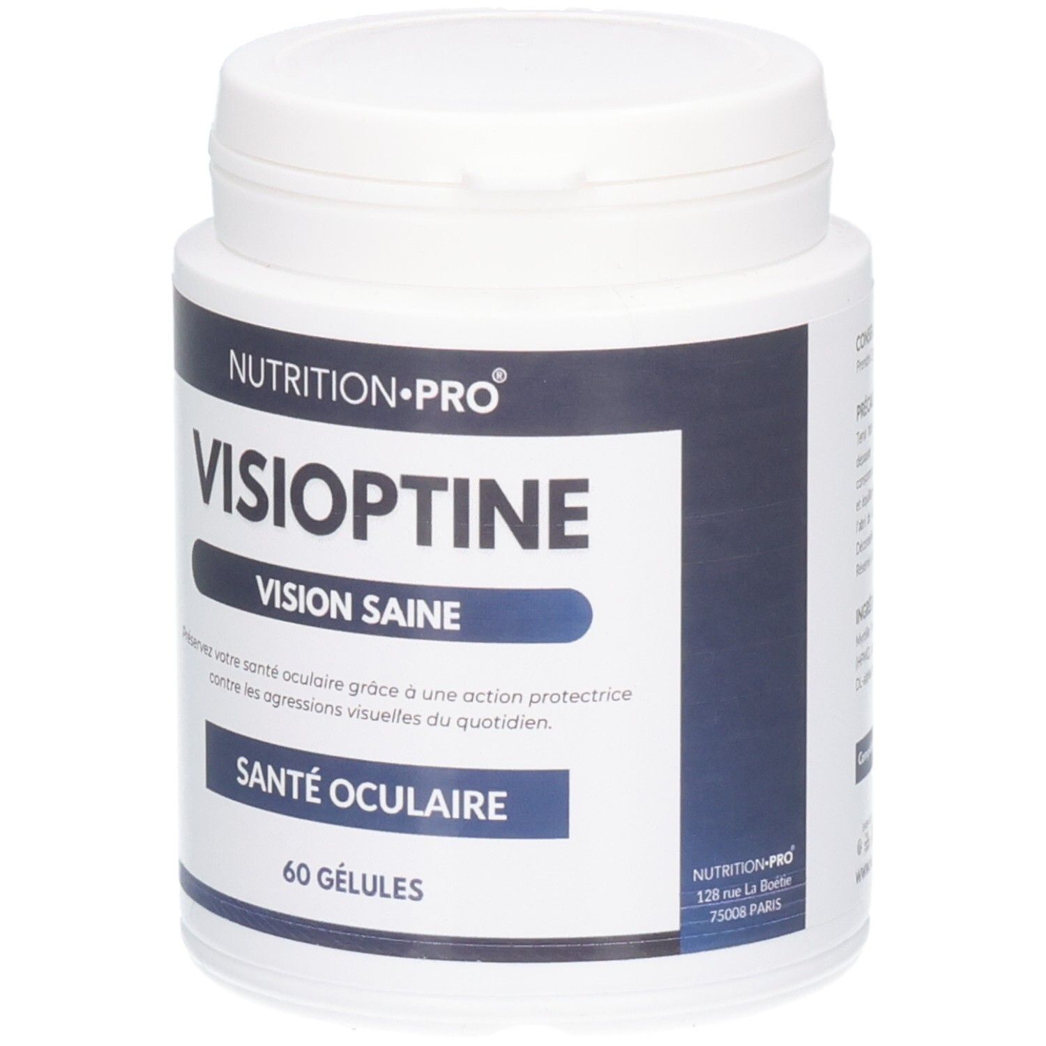 Boîte blanche VISIOPTINE. Inscription: VISION SAINE, SANTÉ OCULAIRE, 60 GÉLULES. Marque: NUTRITION-PRO.