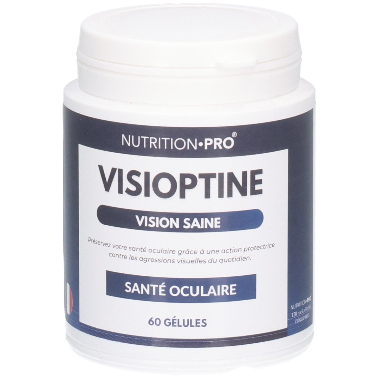 Boîte blanche VISIOPTINE. Inscription: VISION SAINE, SANTÉ OCULAIRE, 60 GÉLULES. Marque: NUTRITION-PRO.