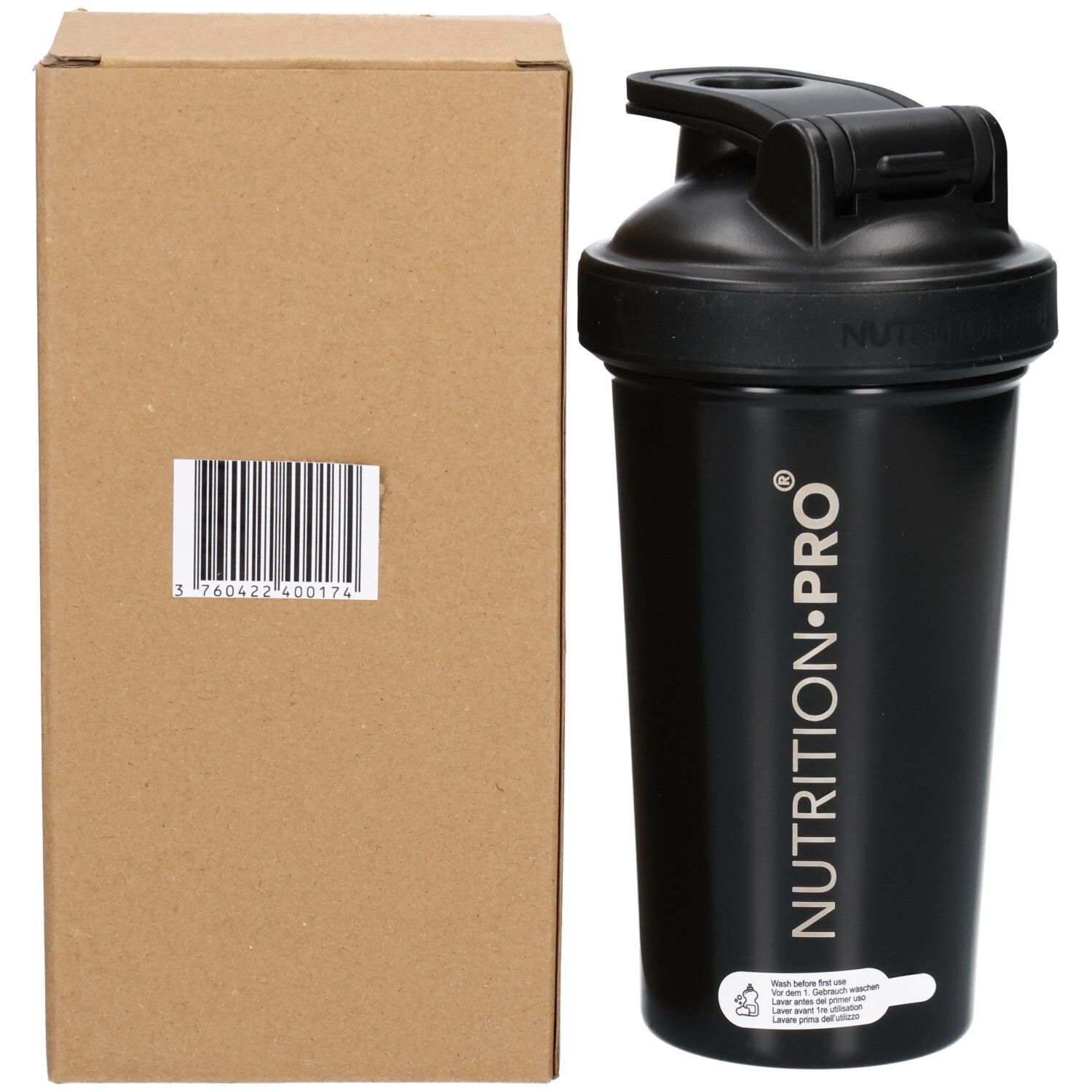 Shaker noir en acier inoxydable avec couvercle noir et boîte en carton. Marque 'NUTRITION•PRO' sur le shaker.
