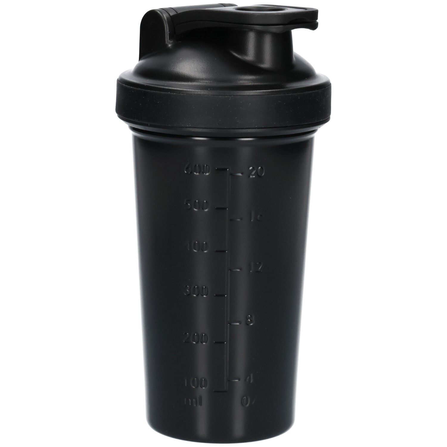 Shaker noir en plastique avec échelle de mesure en ml et oz. Couvercle noir avec rabat.
