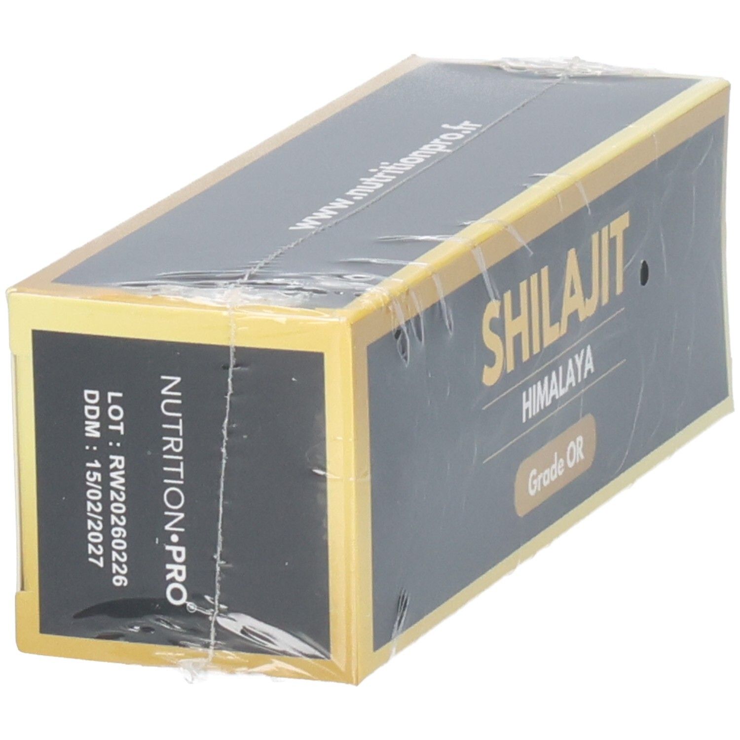 Emballage de Shilajit Himalaya, Grade OR, avec numéro de lot et date de péremption.