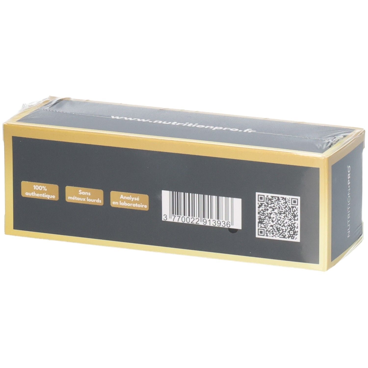 Emballage de Shilajit Himalaya, Grade OR, avec code-barres et code QR.