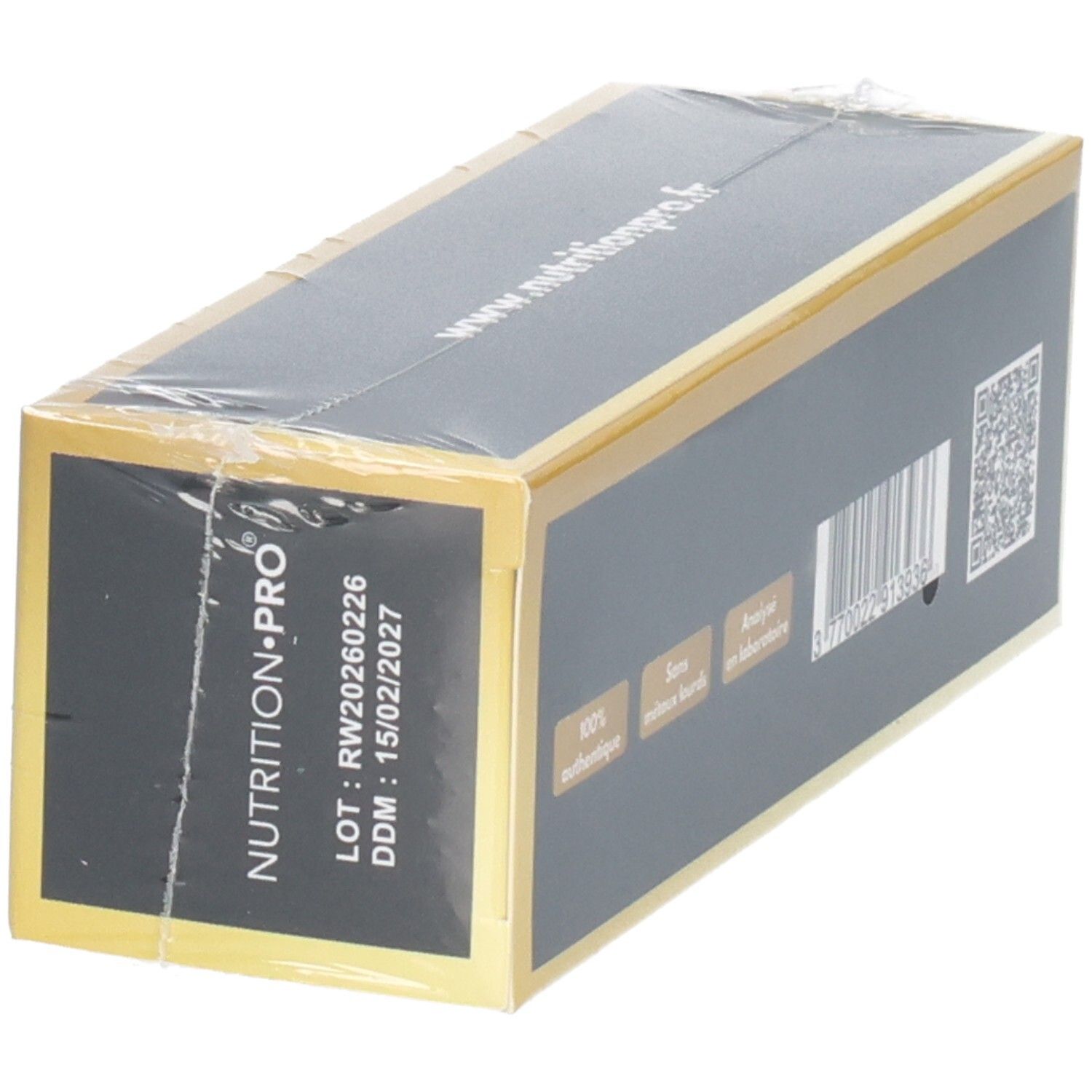 Emballage de Shilajit Himalaya, Grade OR, avec code-barres, code QR, numéro de lot et date de péremption.