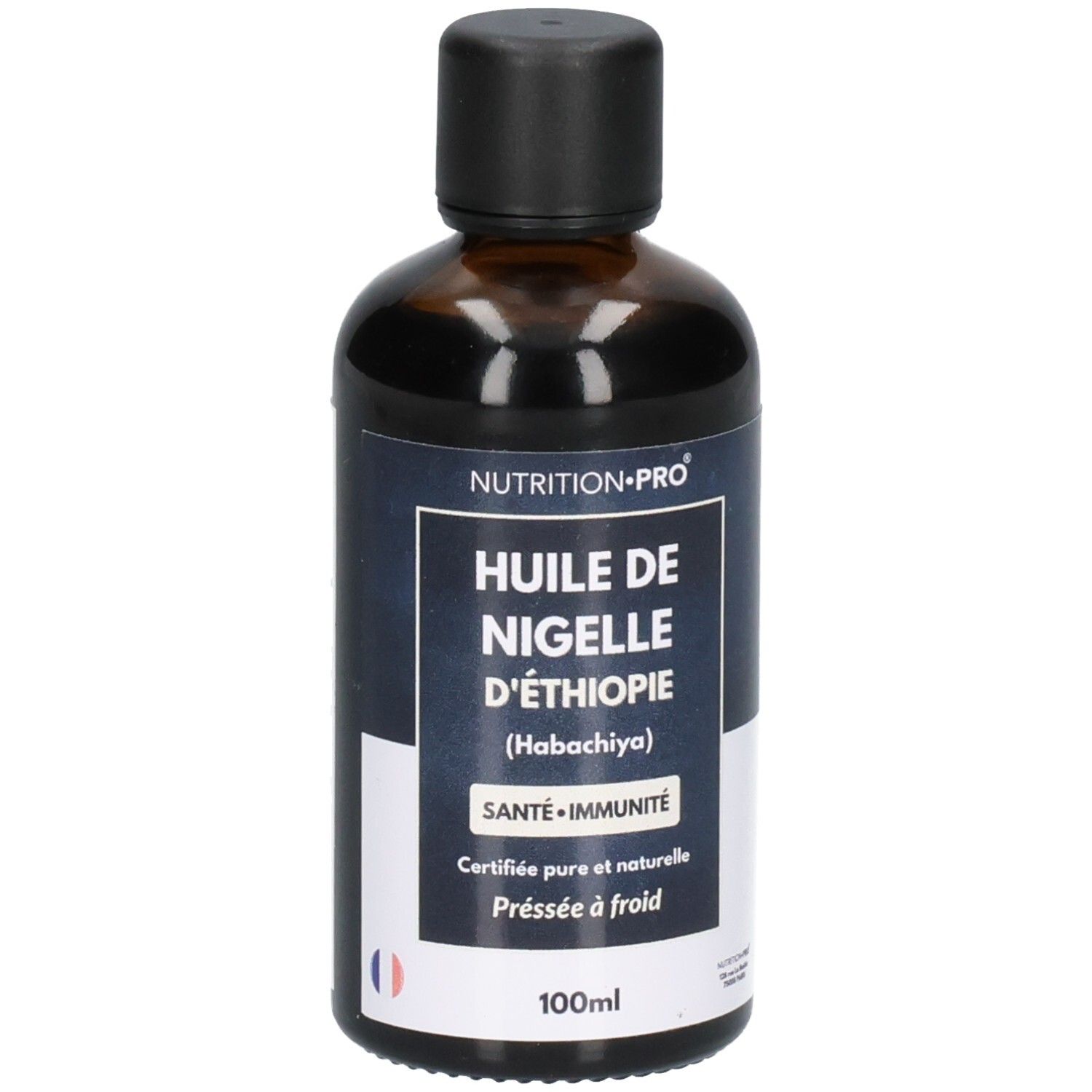 Flacon en verre brun avec bouchon noir, étiquette d'informations produit.