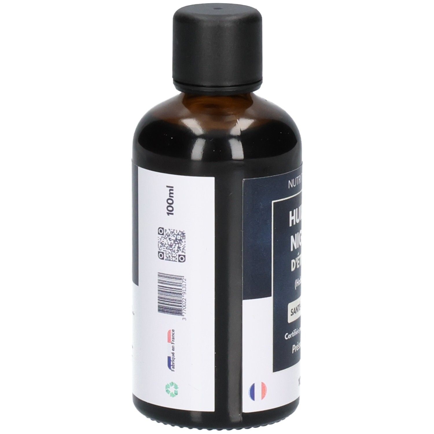 Arrière d'un flacon en verre brun avec étiquette, QR code et code-barres visibles.
