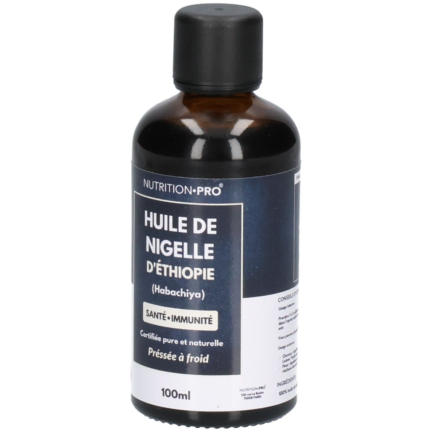 Flacon en verre brun avec bouchon noir, étiquette avec nom du produit et sceaux.