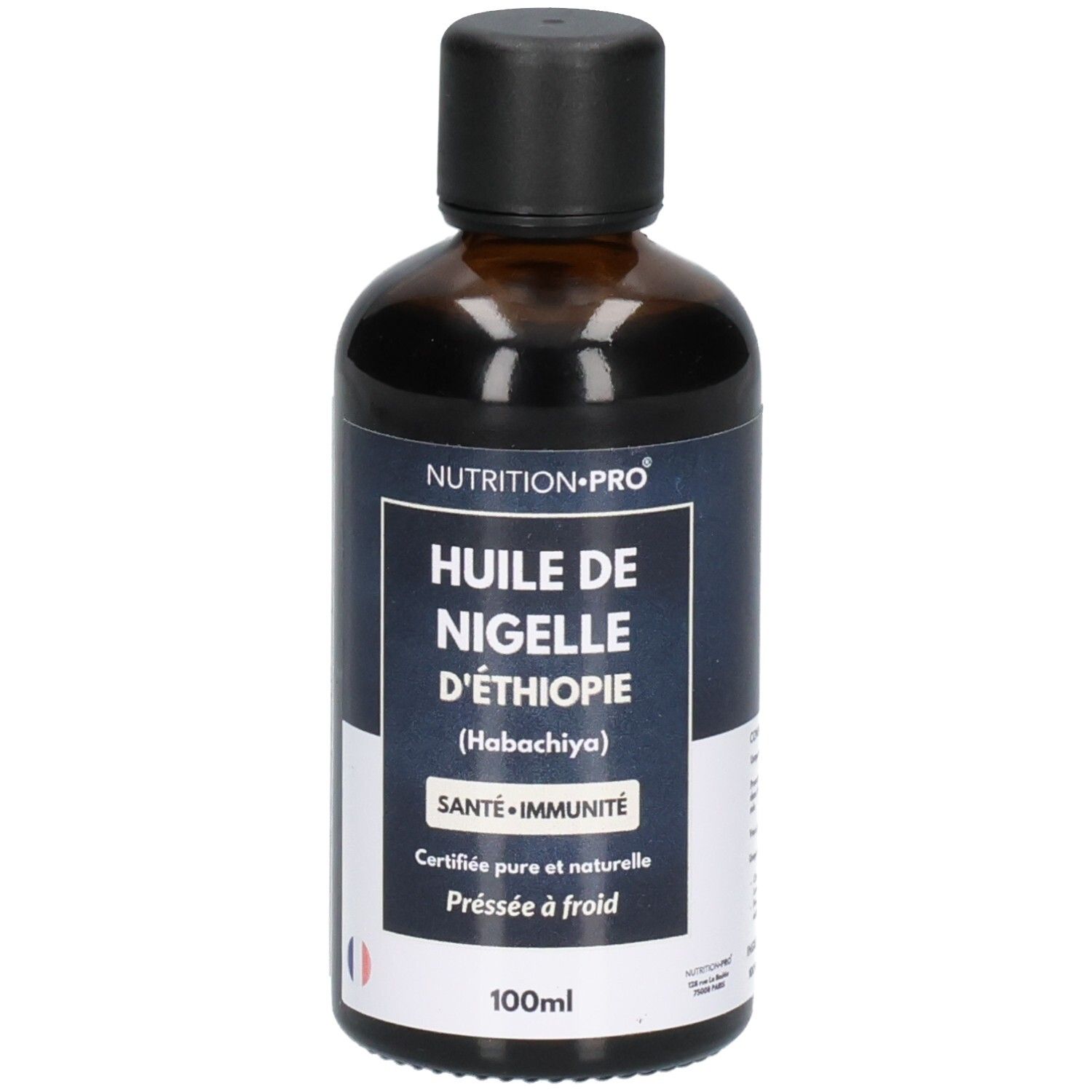 Flacon en verre brun avec bouchon noir, étiquette indiquant le nom du produit et un sceau.