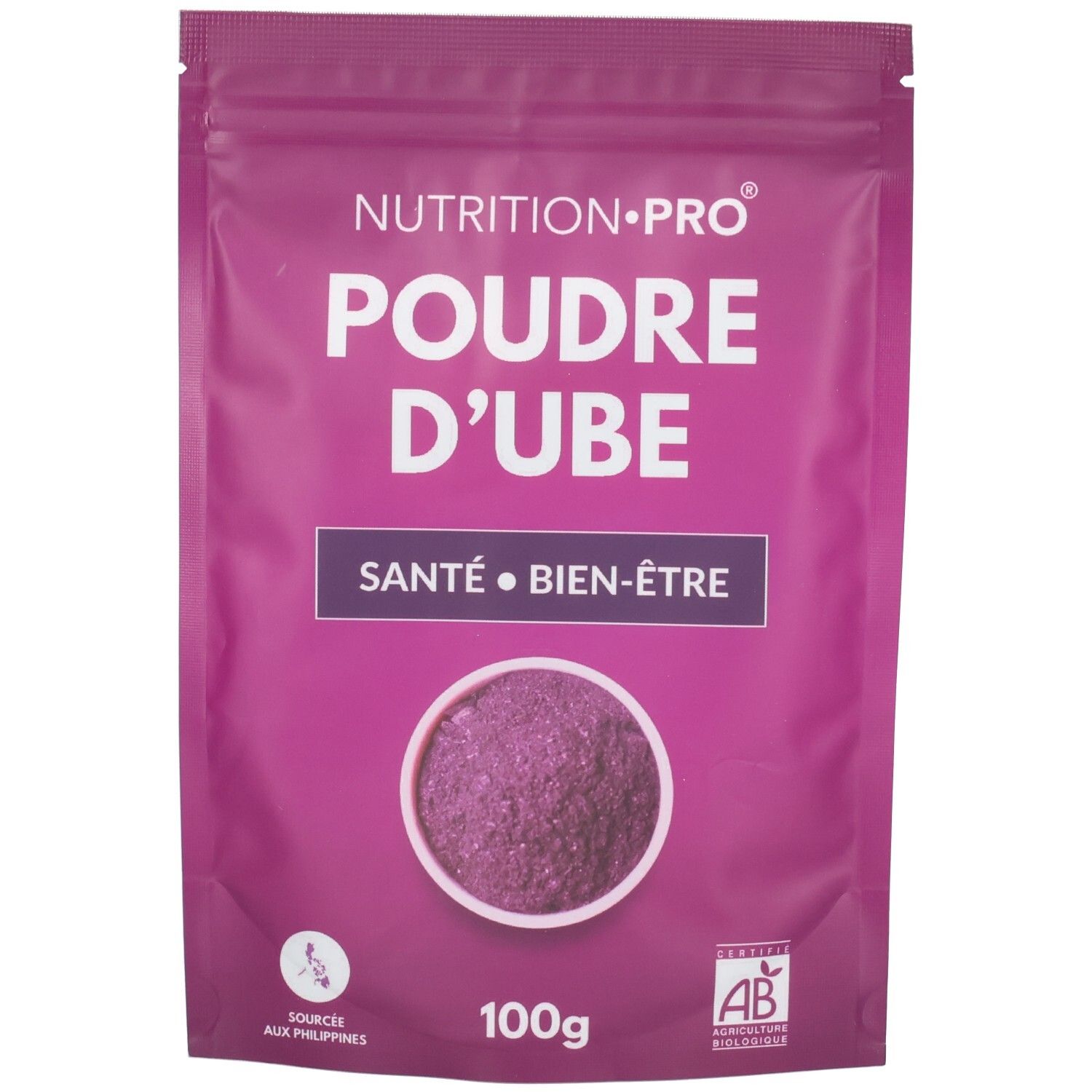 Poudre d'Ube violette en sachet refermable. Contient des informations nutritionnelles.