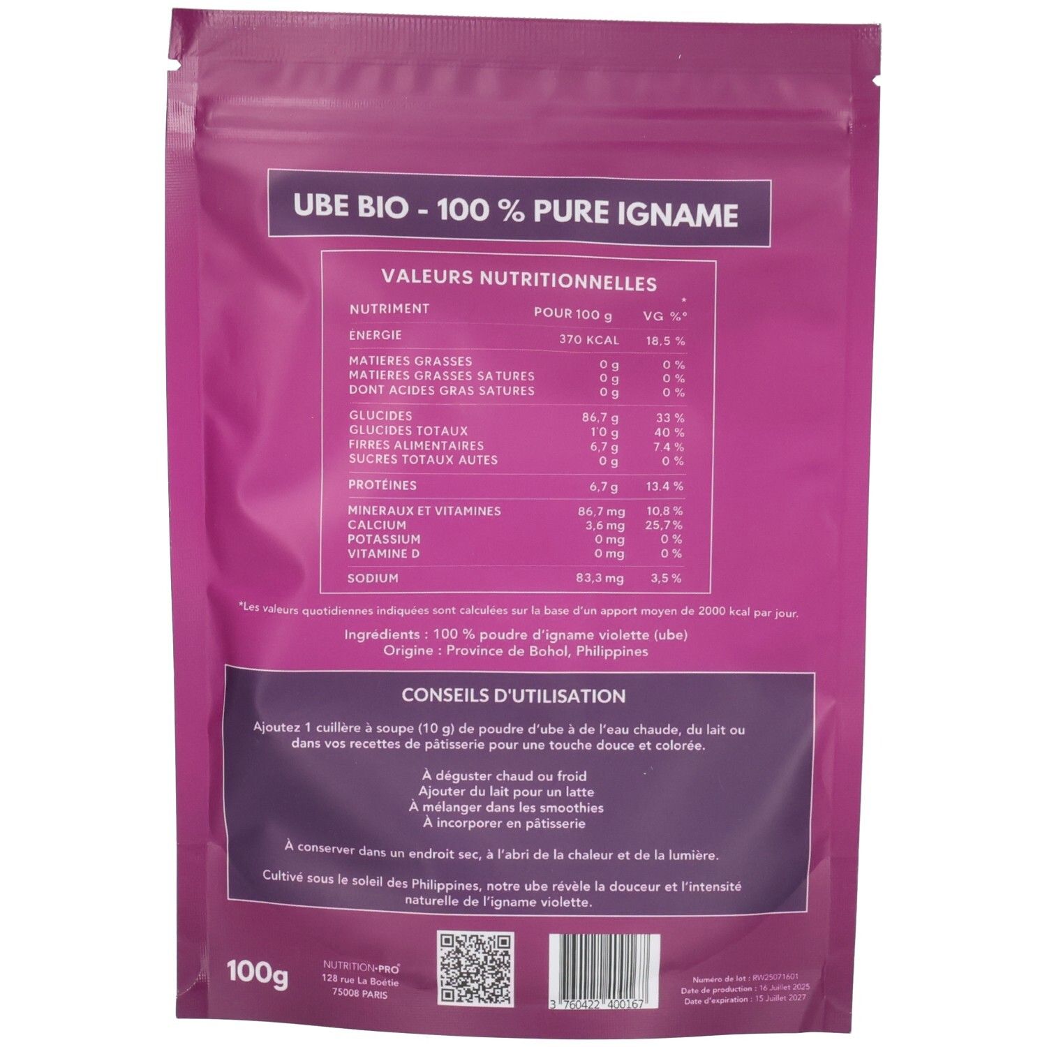 Arrière d'un sachet de poudre d'Ube bio. Contient le tableau nutritionnel et les conseils d'utilisation.