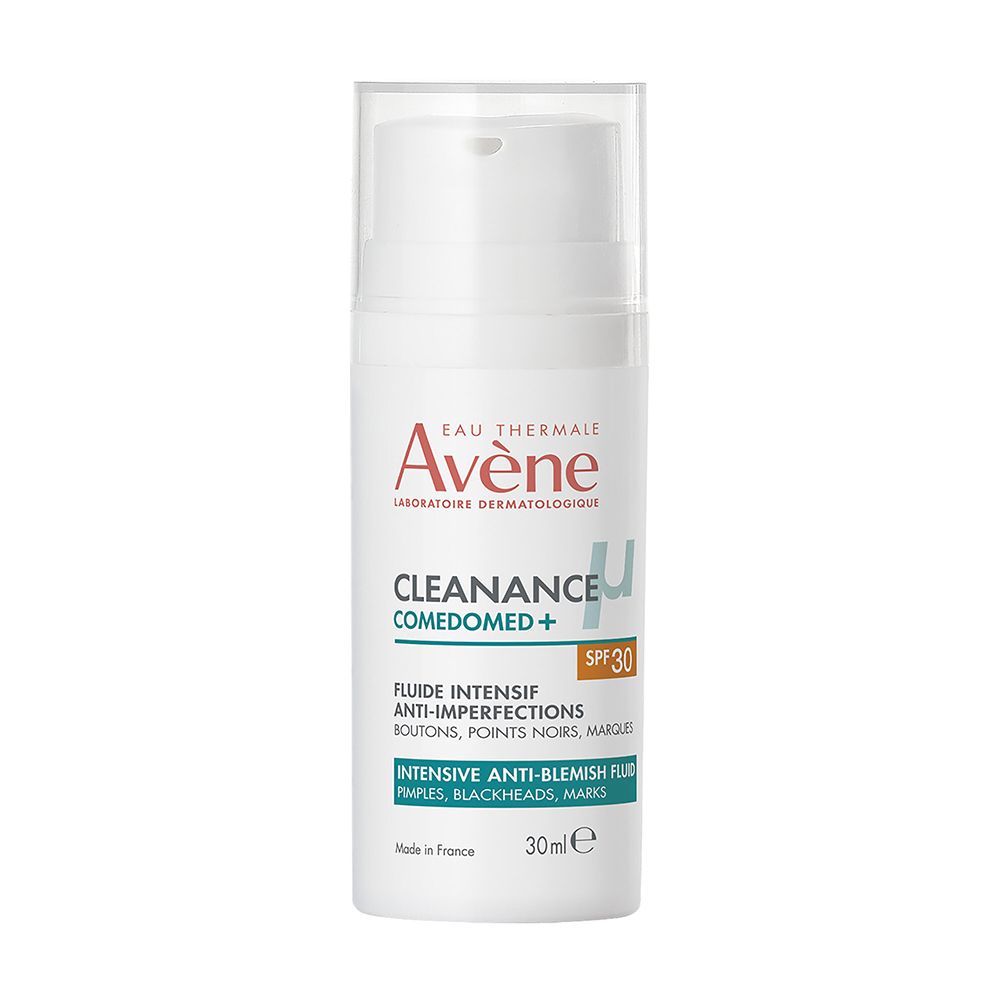 Fluide Avène Cleanance Comedomed+ SPF30 dans un flacon pompe blanc.