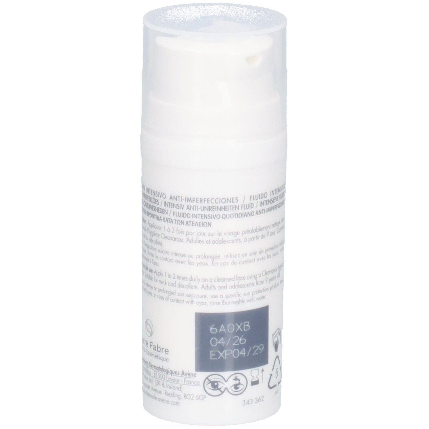 Arrière du flacon Avène Cleanance Comedomed+ Fluide Intensif SPF30 avec numéro de lot et date d'expiration.