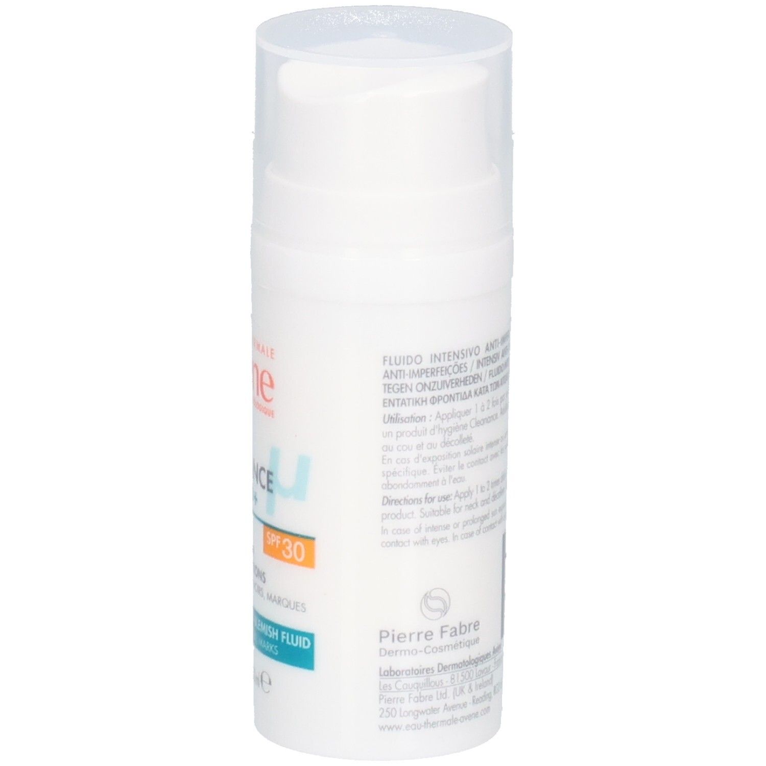 Avène Cleanance Comedomed+ Fluide Intensif SPF30, vue latérale du flacon avec texte visible.