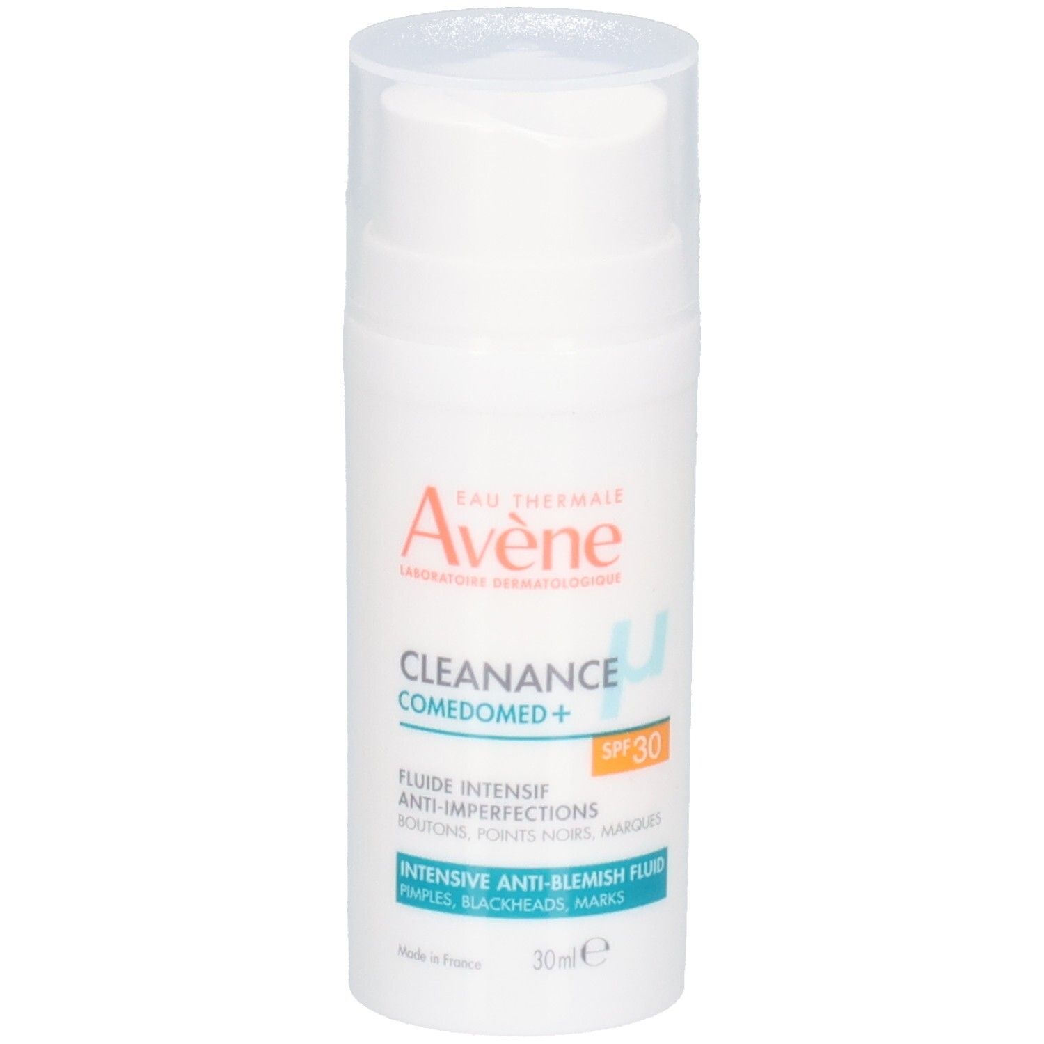 Avène Cleanance Comedomed+ Fluide Intensif SPF30, flacon avec étiquetage clair et indication 30ml.