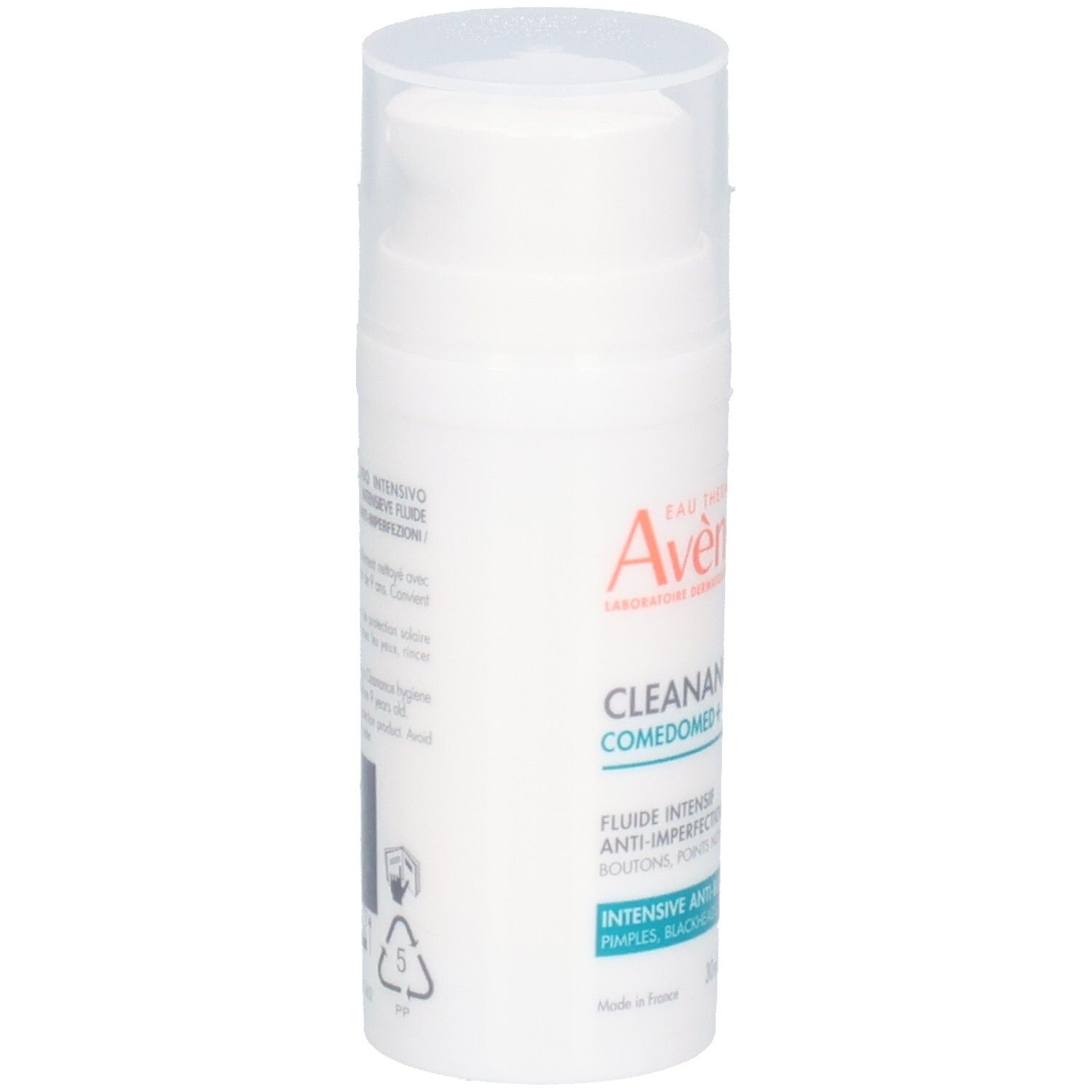 Avène Cleanance Comedomed+ Fluide Intensif SPF30, flacon avec pompe et étiquetage détaillé.