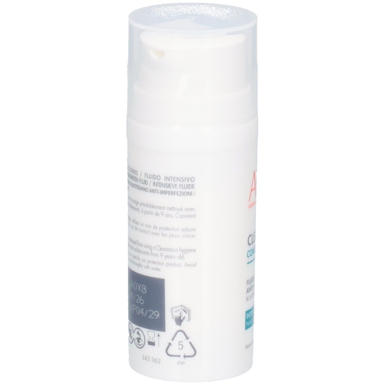 Vue latérale du flacon Avène Cleanance Comedomed+ Fluide Intensif SPF30 avec informations d'utilisation.