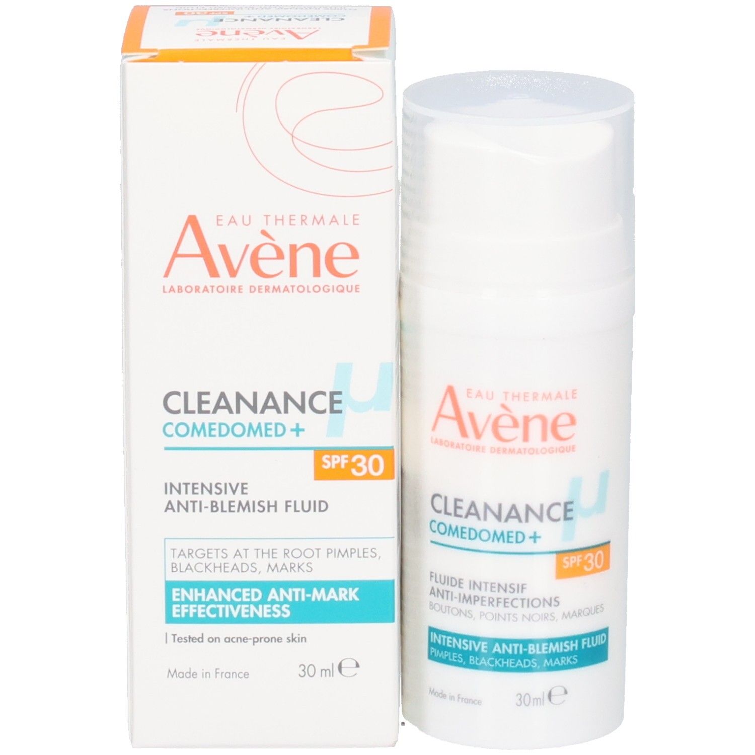 Flacon Avène Cleanance Comedomed+ Fluide Intensif SPF30 à côté de la boîte du produit ouverte.