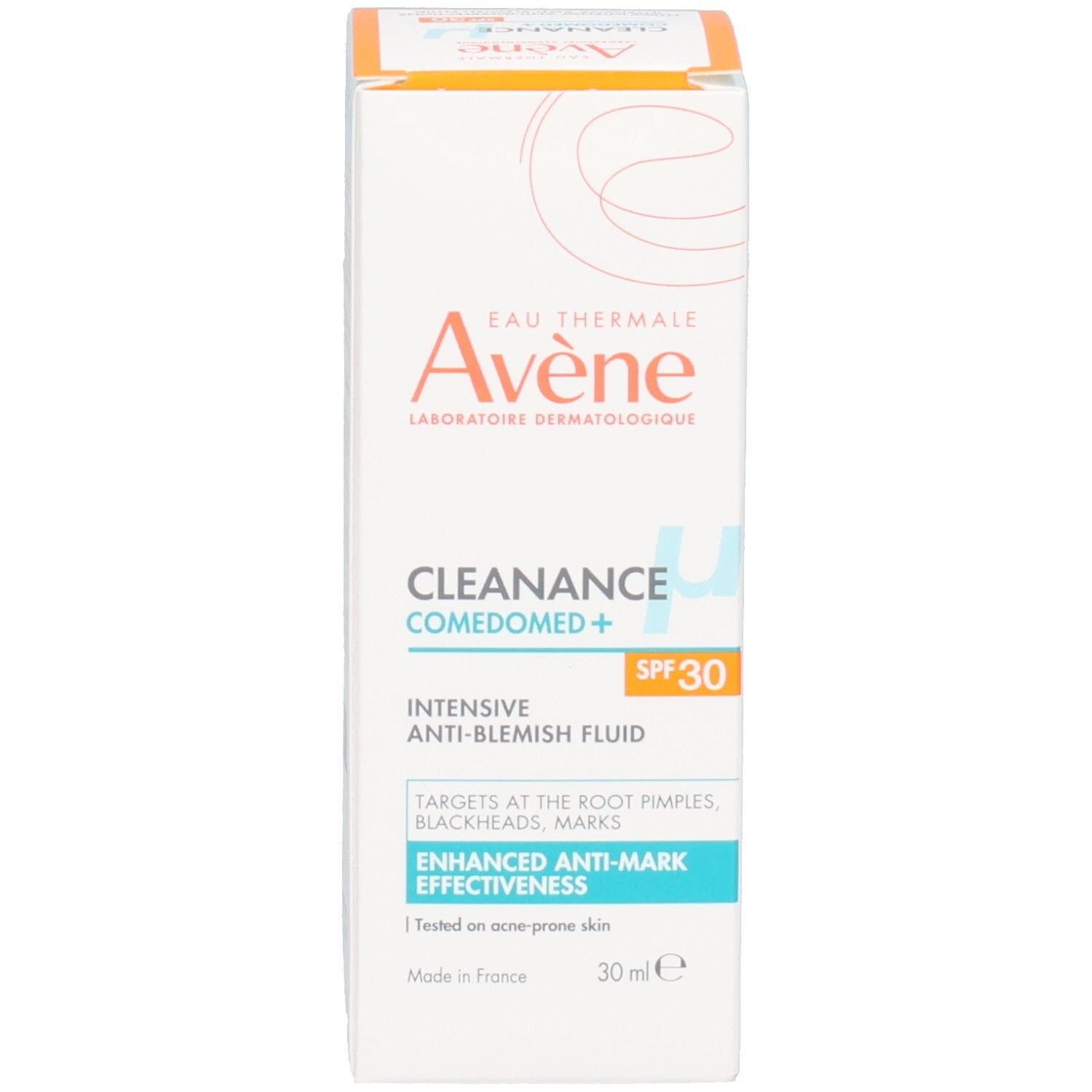 Avène Cleanance Comedomed+ Fluide Intensif SPF30 sur la boîte, avec indication claire SPF30.