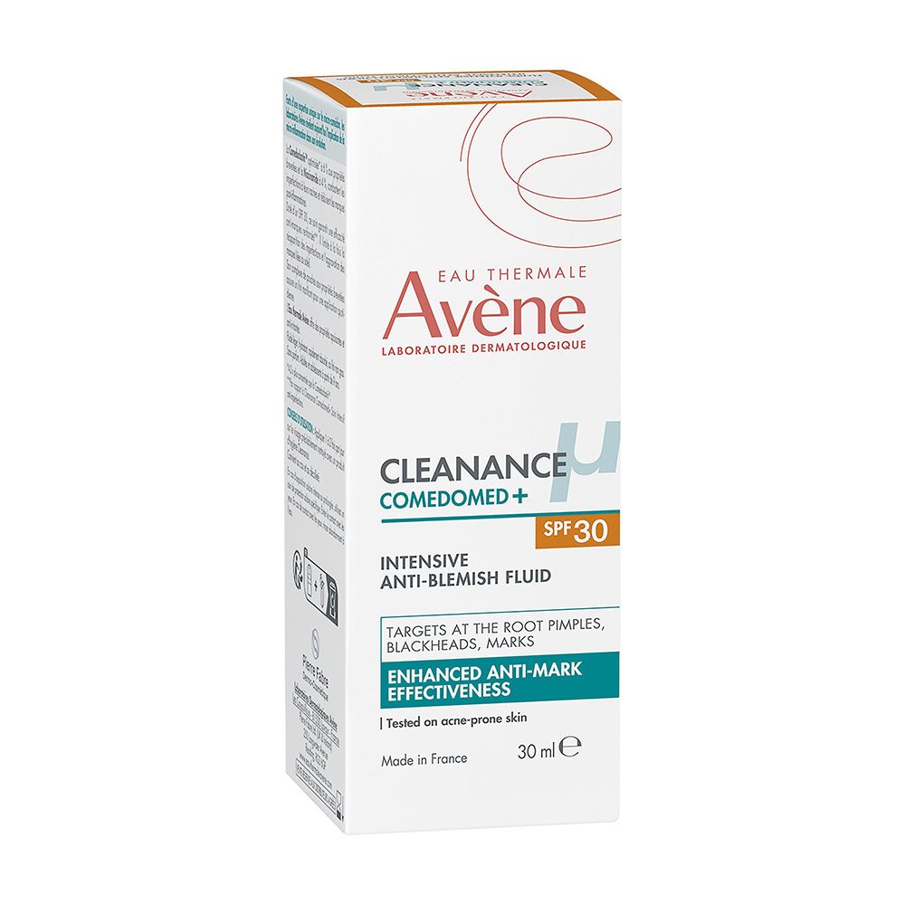 Fluide Avène Cleanance Comedomed+ SPF30 dans son emballage cartonné.
