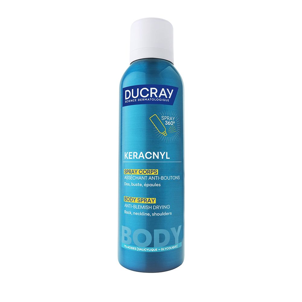 Ducray Keracnyl Spray Corps: Flacon bleu avec bouchon blanc. Spray 360°.