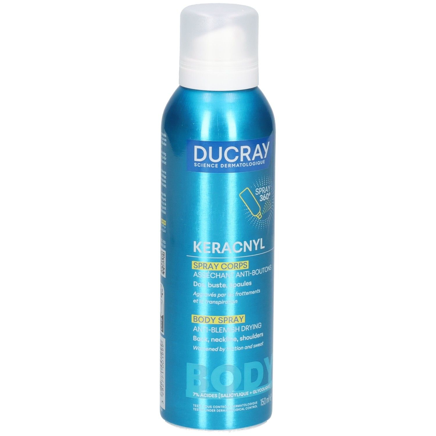 Ducray Keracnyl Spray Corps, boîte aérosol de 150ml avec tête de pulvérisation.