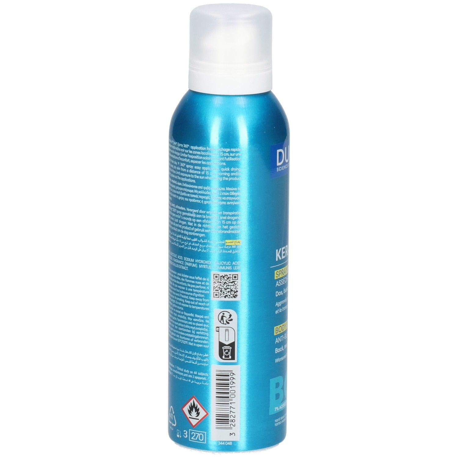 Arrière de la boîte aérosol Ducray Keracnyl Spray Corps 150ml avec informations produit.