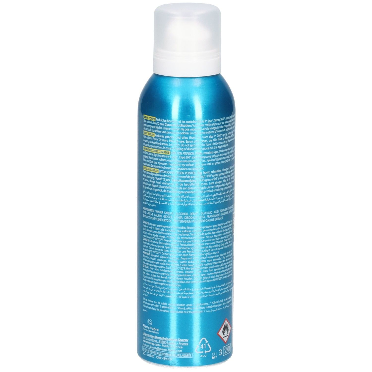 Arrière de la boîte aérosol Ducray Keracnyl Spray Corps 150ml avec informations produit.