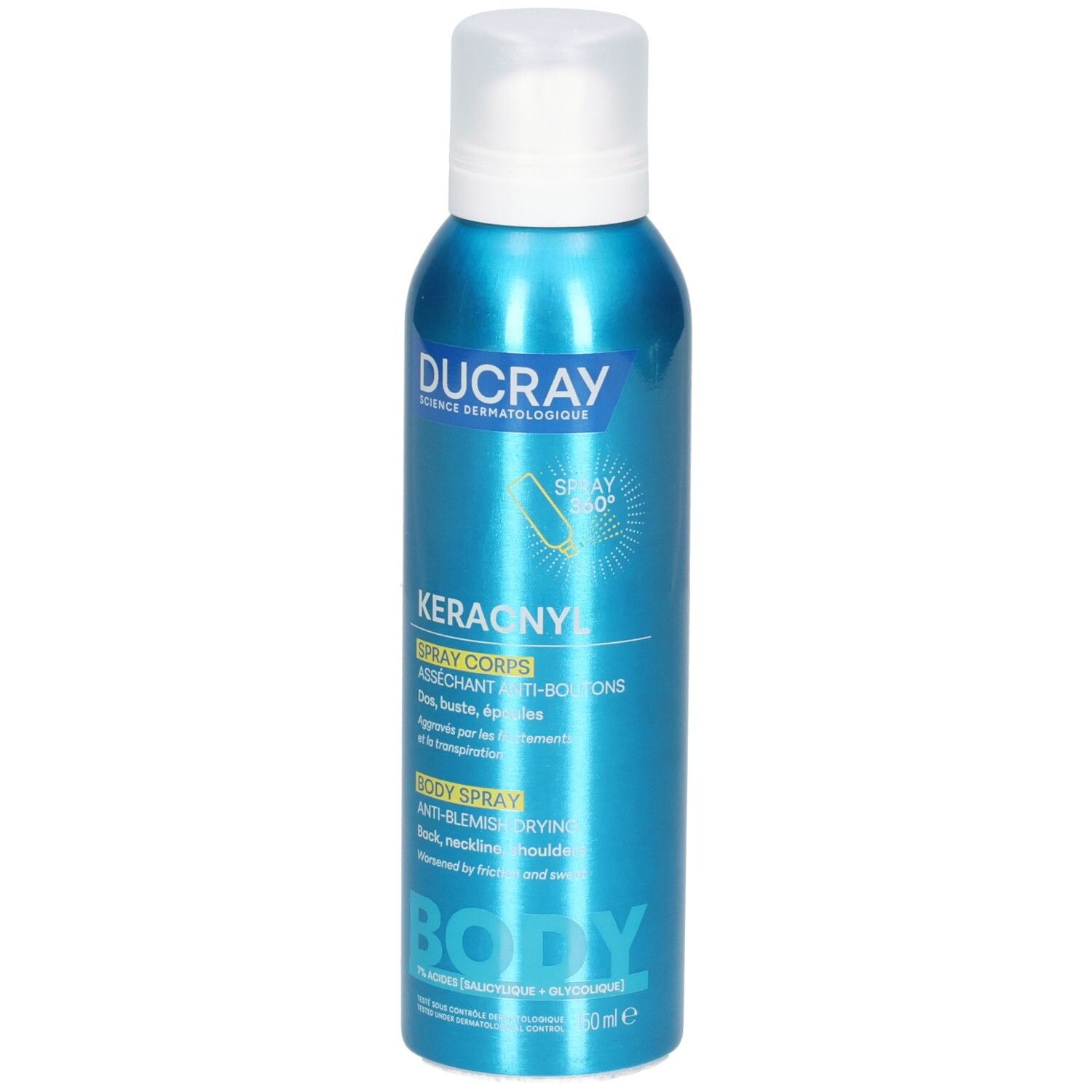 Avant de la boîte aérosol Ducray Keracnyl Spray Corps 150ml, bleu métallique.