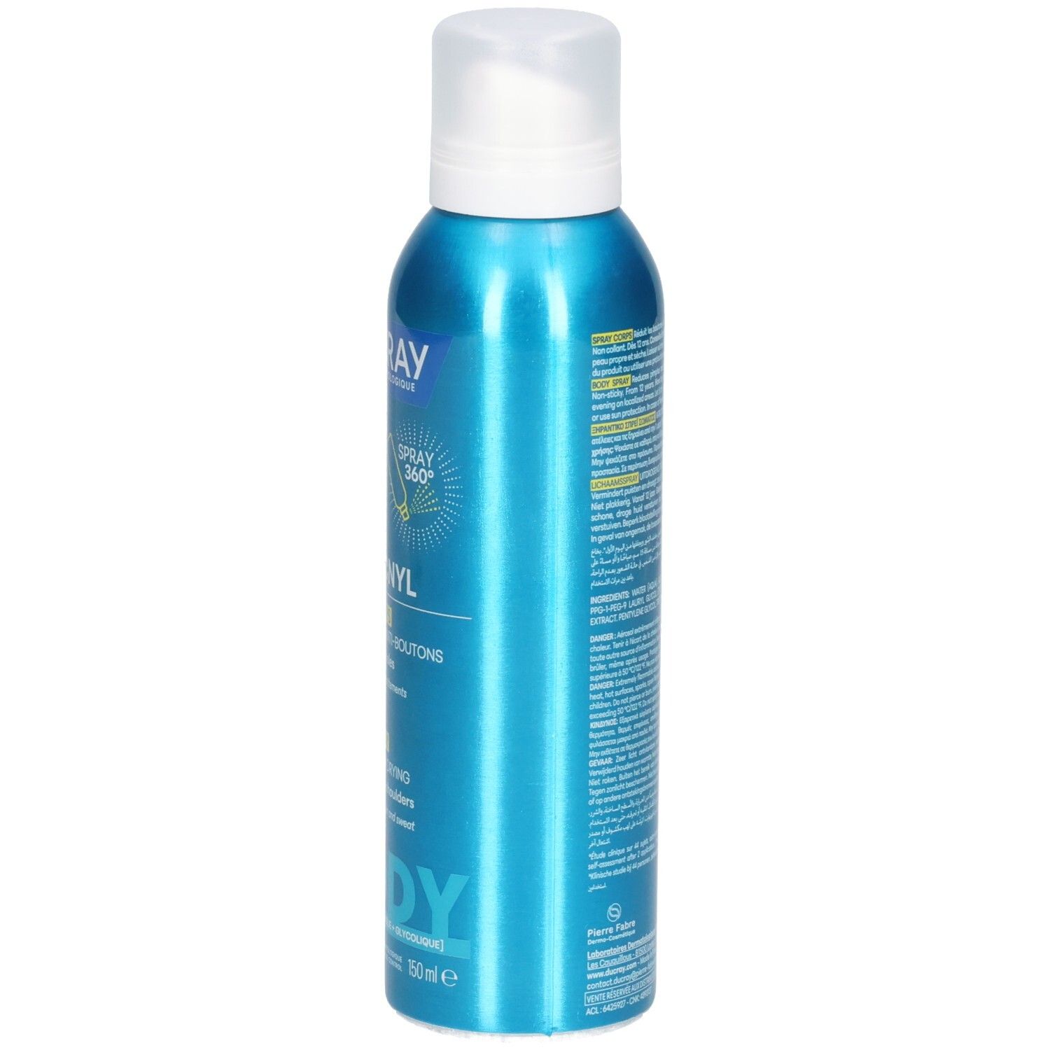 Côté de la boîte aérosol Ducray Keracnyl Spray Corps 150ml avec informations produit.