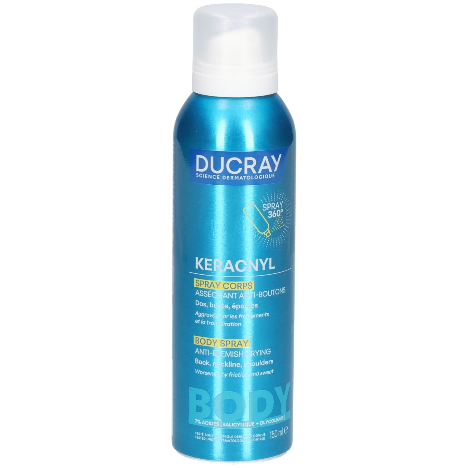 Avant de la boîte aérosol Ducray Keracnyl Spray Corps 150ml, bleu métallique.