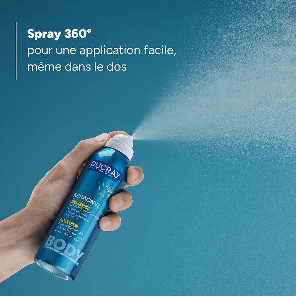 Gamme Ducray Keracnyl: Gel nettoyant, spray corporel, soin anti-imperfections.