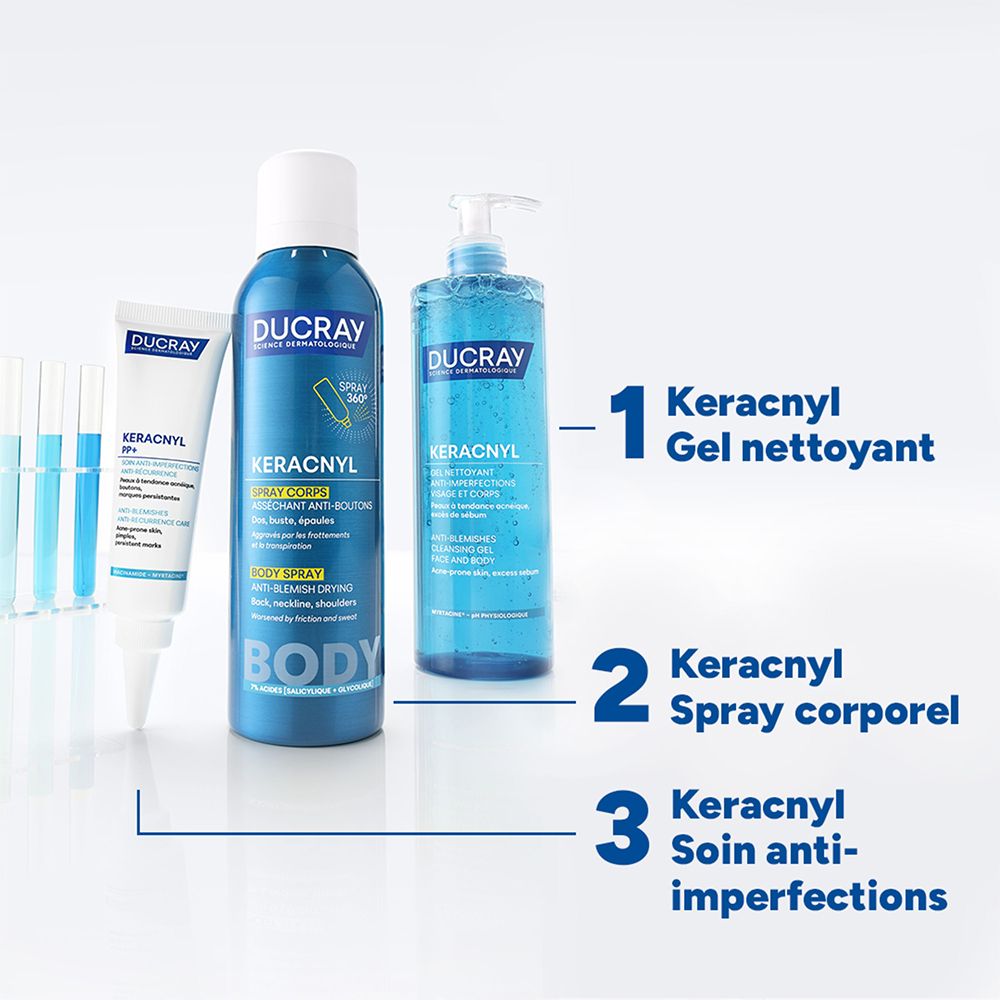 Ducray Keracnyl Spray Corps: Flacon bleu, 150ml. Pour les imperfections corporelles.
