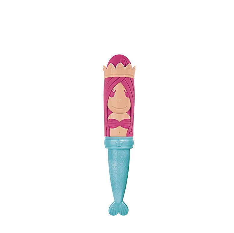 Manche de brosse à dents design sirène, cheveux roses, couronne, queue bleue.