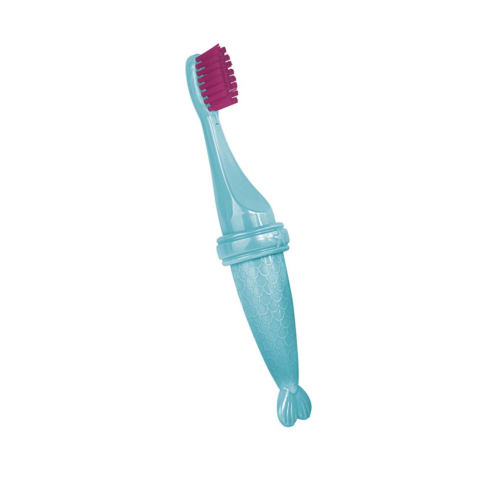 Brosse à dents enfant ELGYDIUM « Mermaid » : manche turquoise avec queue de poisson et poils roses.