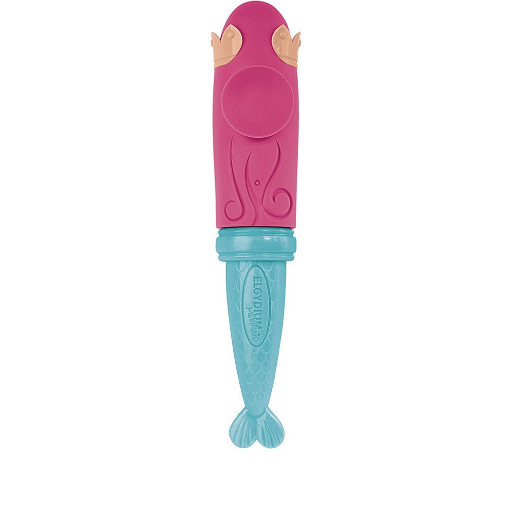 Dos de la brosse à dents enfant ELGYDIUM « Mermaid » avec manche en forme de sirène.