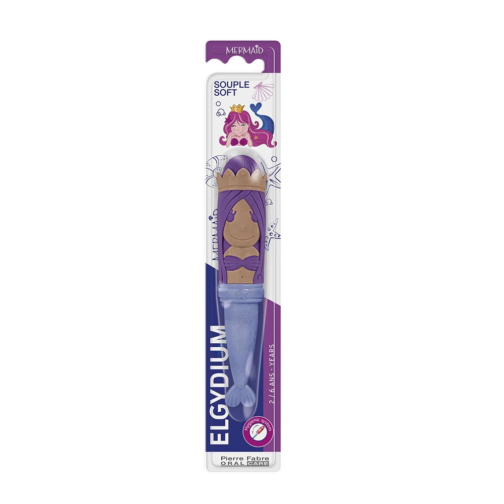 Brosse à dents enfant ELGYDIUM « Mermaid » sous blister, avec sirène violette et manche bleu.