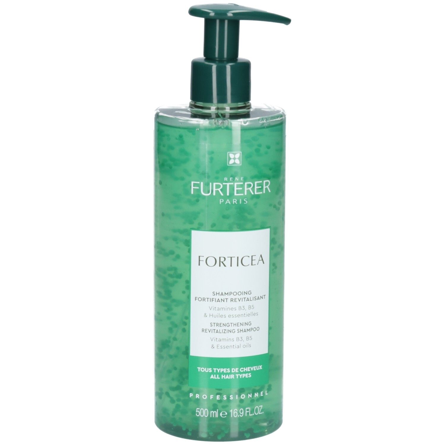 Flacon vert avec pompe, Shampooing Forticea.