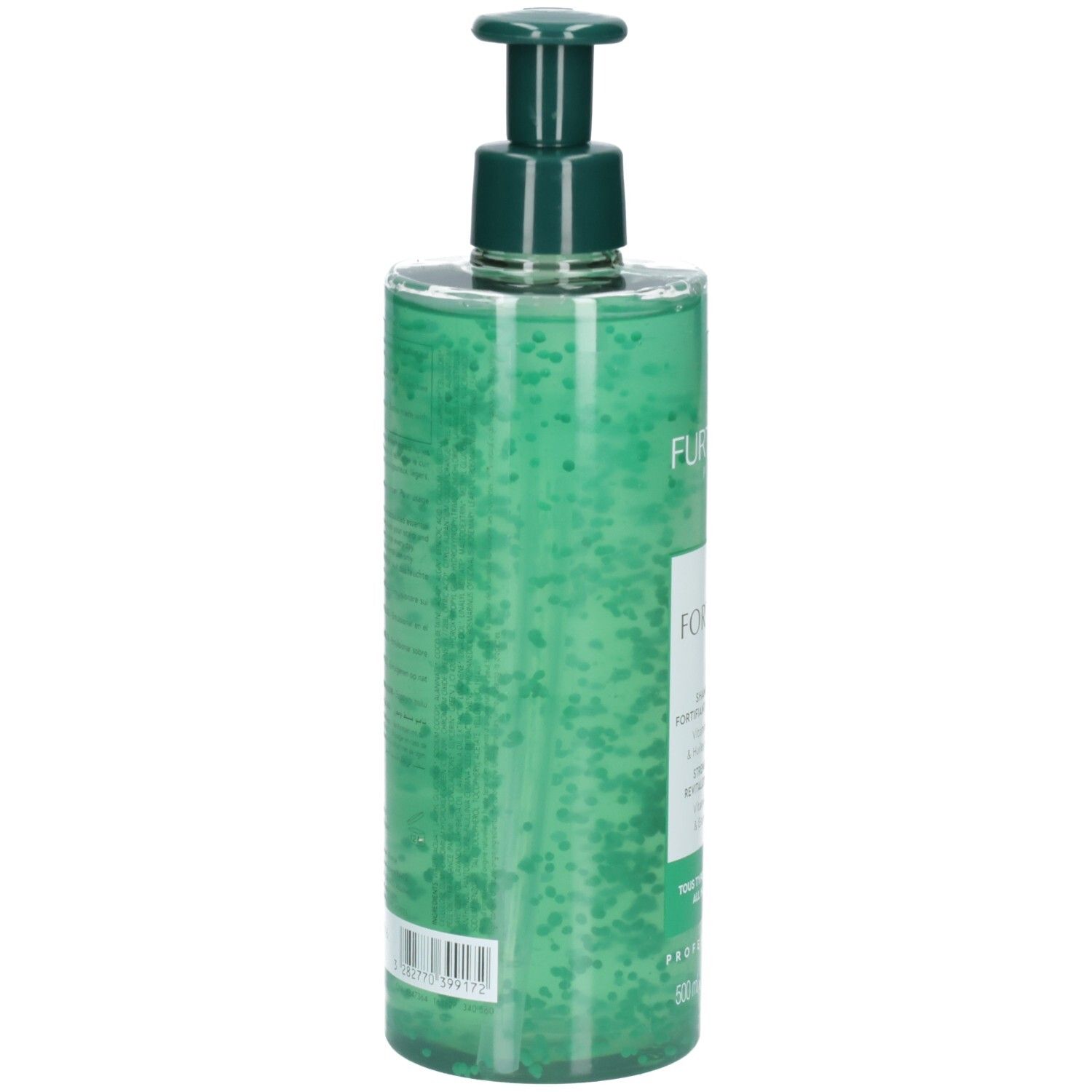 Arrière d'un flacon de shampooing vert avec étiquette et code-barres.
