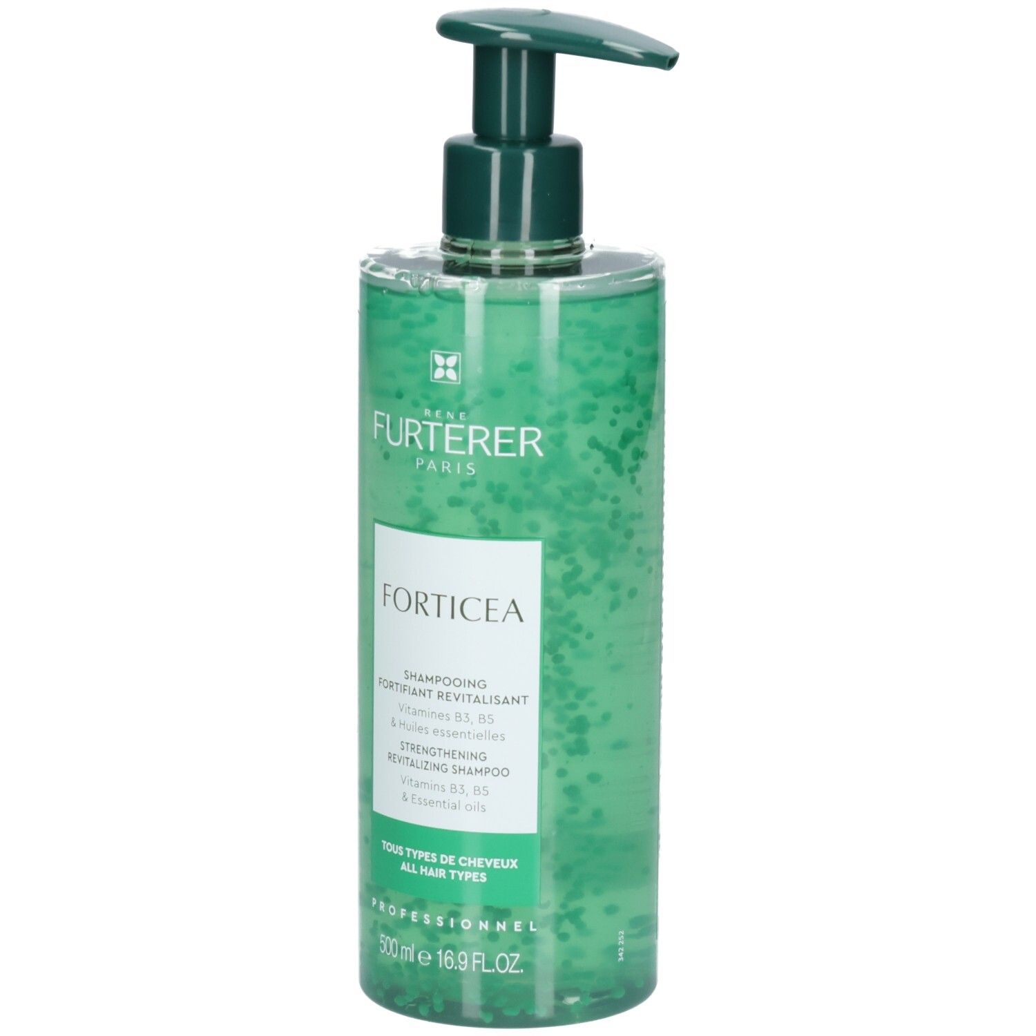Flacon vert avec pompe, Shampooing Forticea, 500ml.
