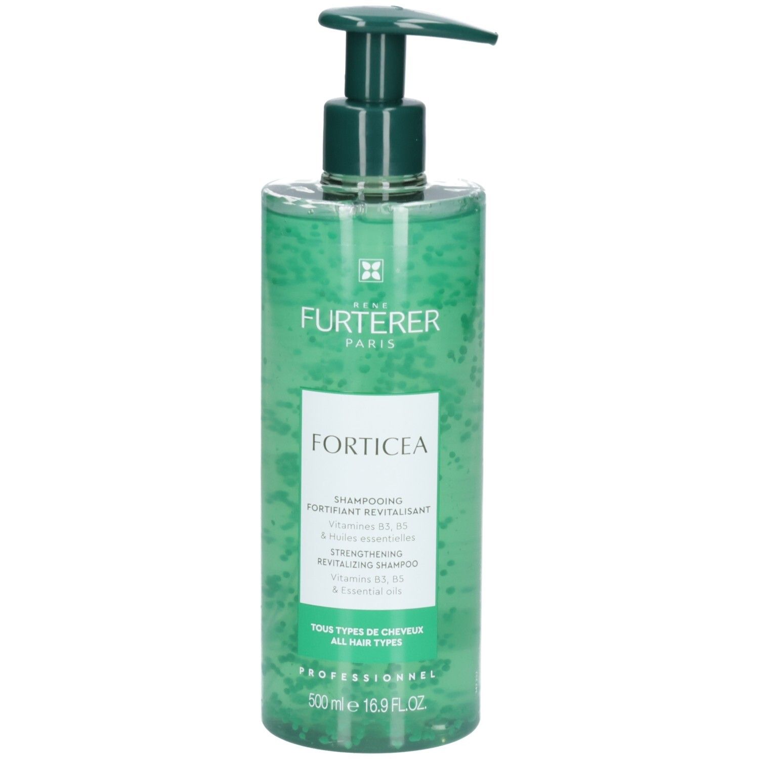 Flacon vert avec pompe, Shampooing Forticea, 500ml.
