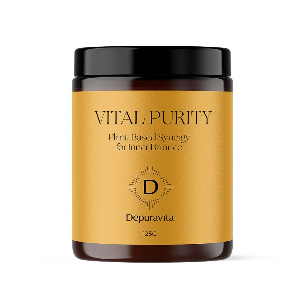 Pot brun avec couvercle noir. Inscription : VITAL PURITY, Plant-Based Synergy for Inner Balance. Logo : lettre D.