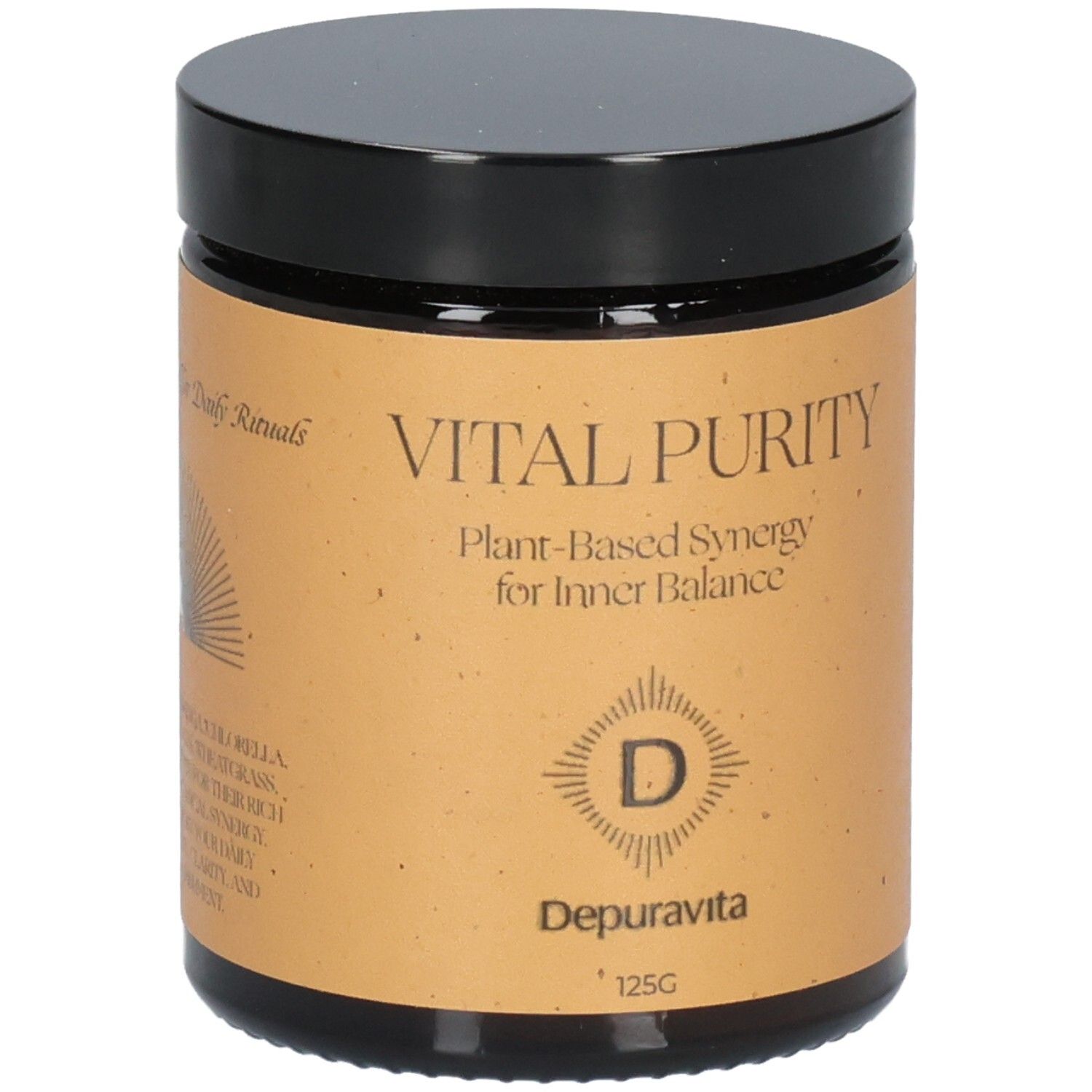Pot marron avec couvercle noir. Inscription: VITAL PURITY, Depuravita. 125G.