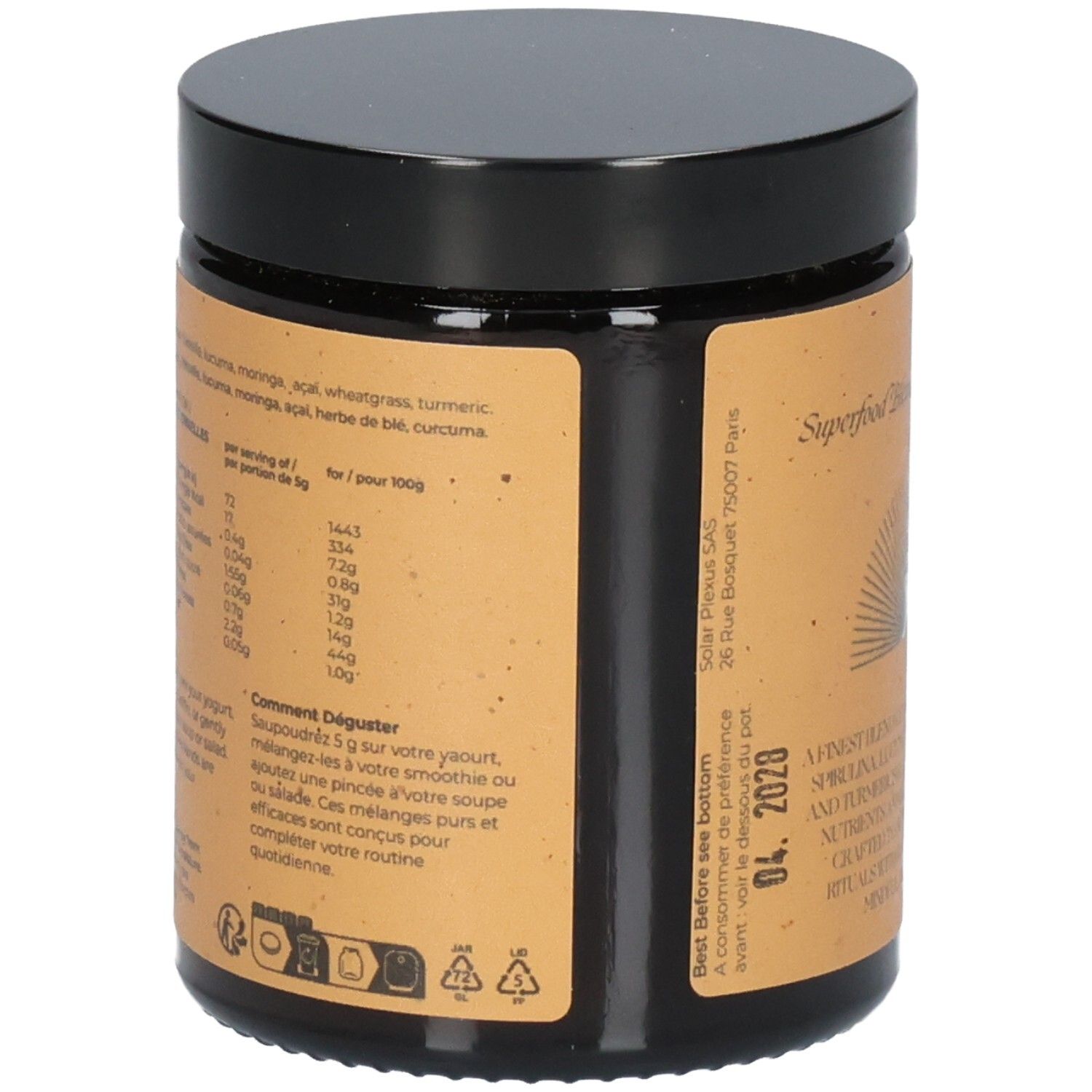 Pot marron avec couvercle noir. Dos avec informations nutritionnelles et conseils d'utilisation.