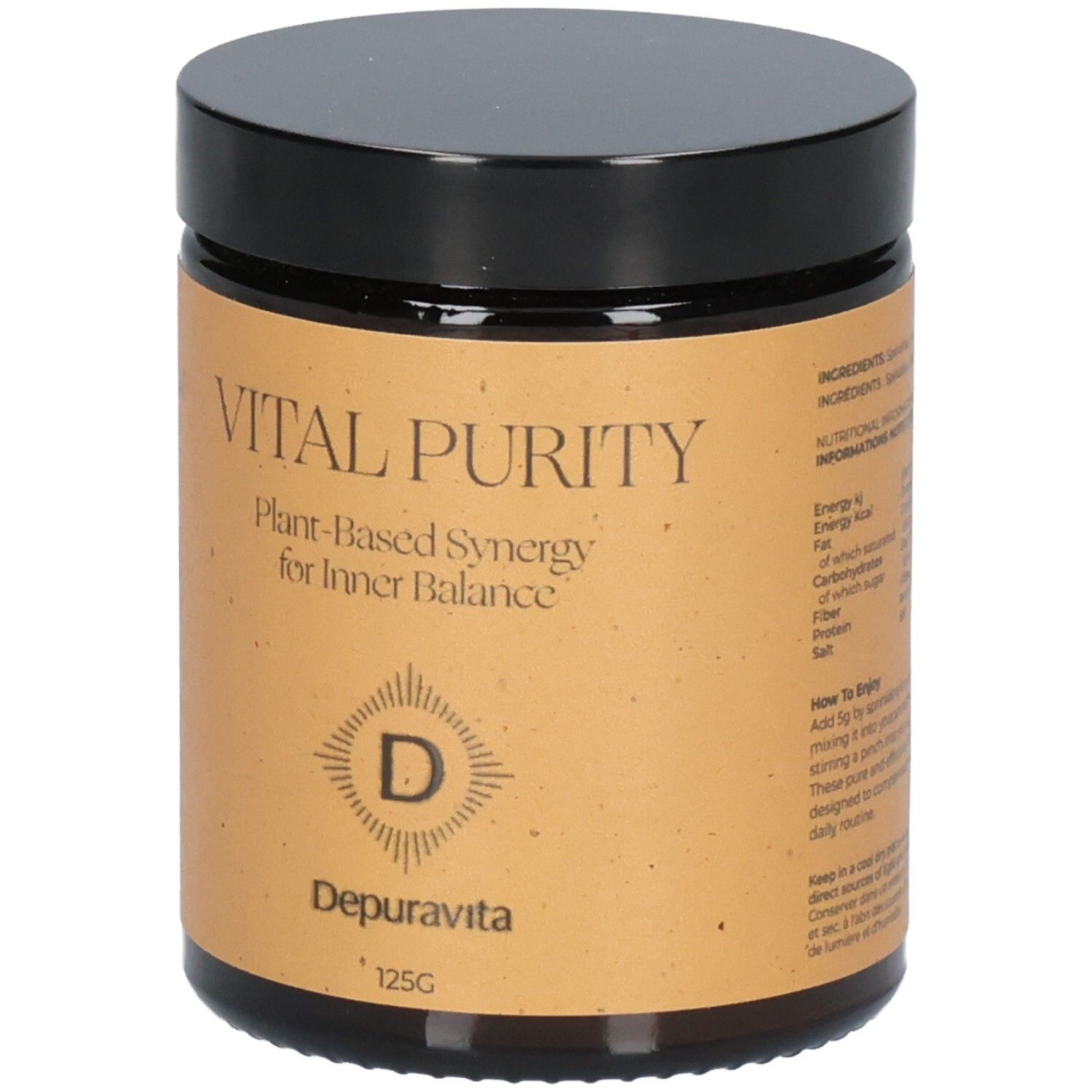 Pot marron avec couvercle noir. Inscription: VITAL PURITY, Depuravita. 125G. Informations nutritionnelles.