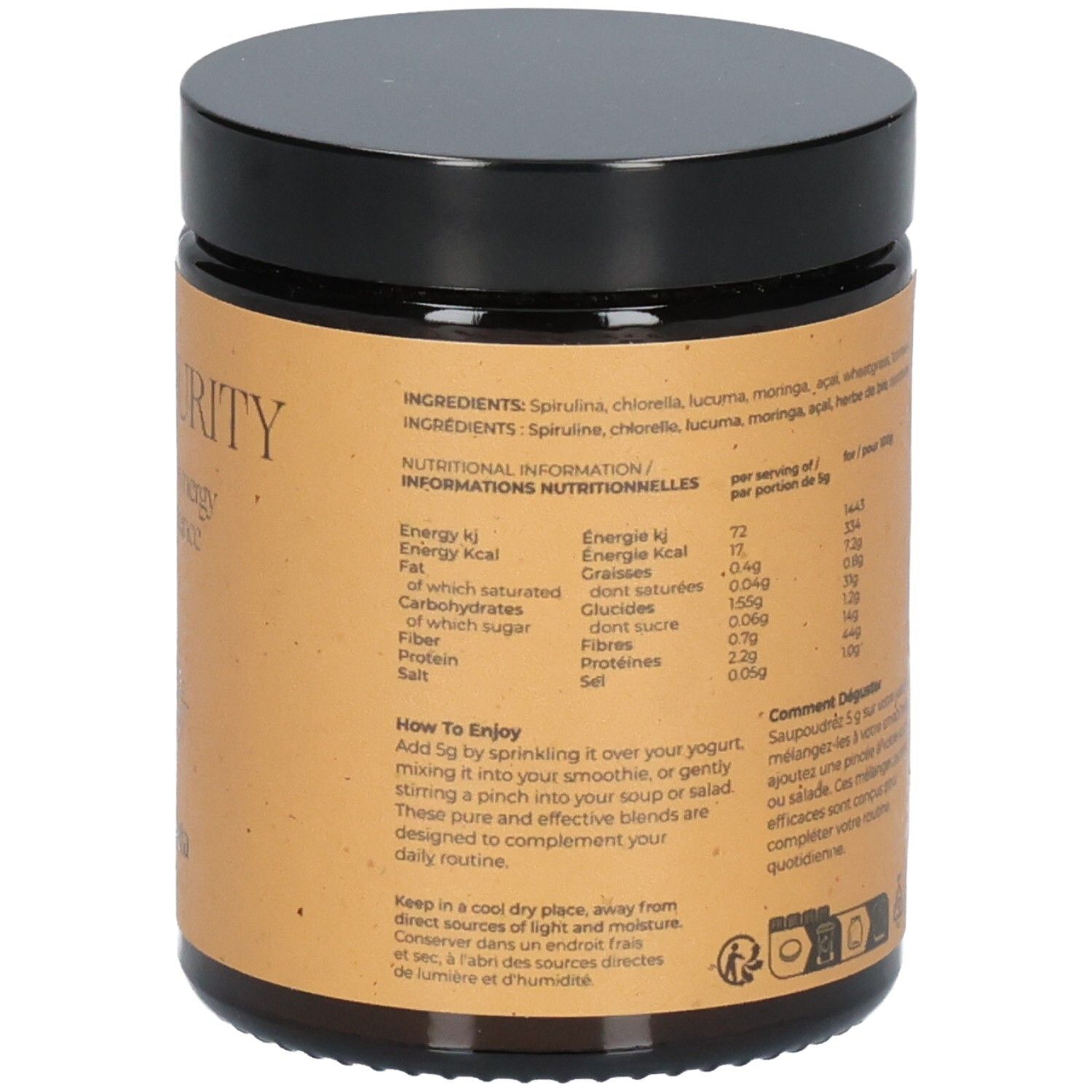 Pot marron avec couvercle noir. Liste des ingrédients et informations nutritionnelles. Conseils d'utilisation.