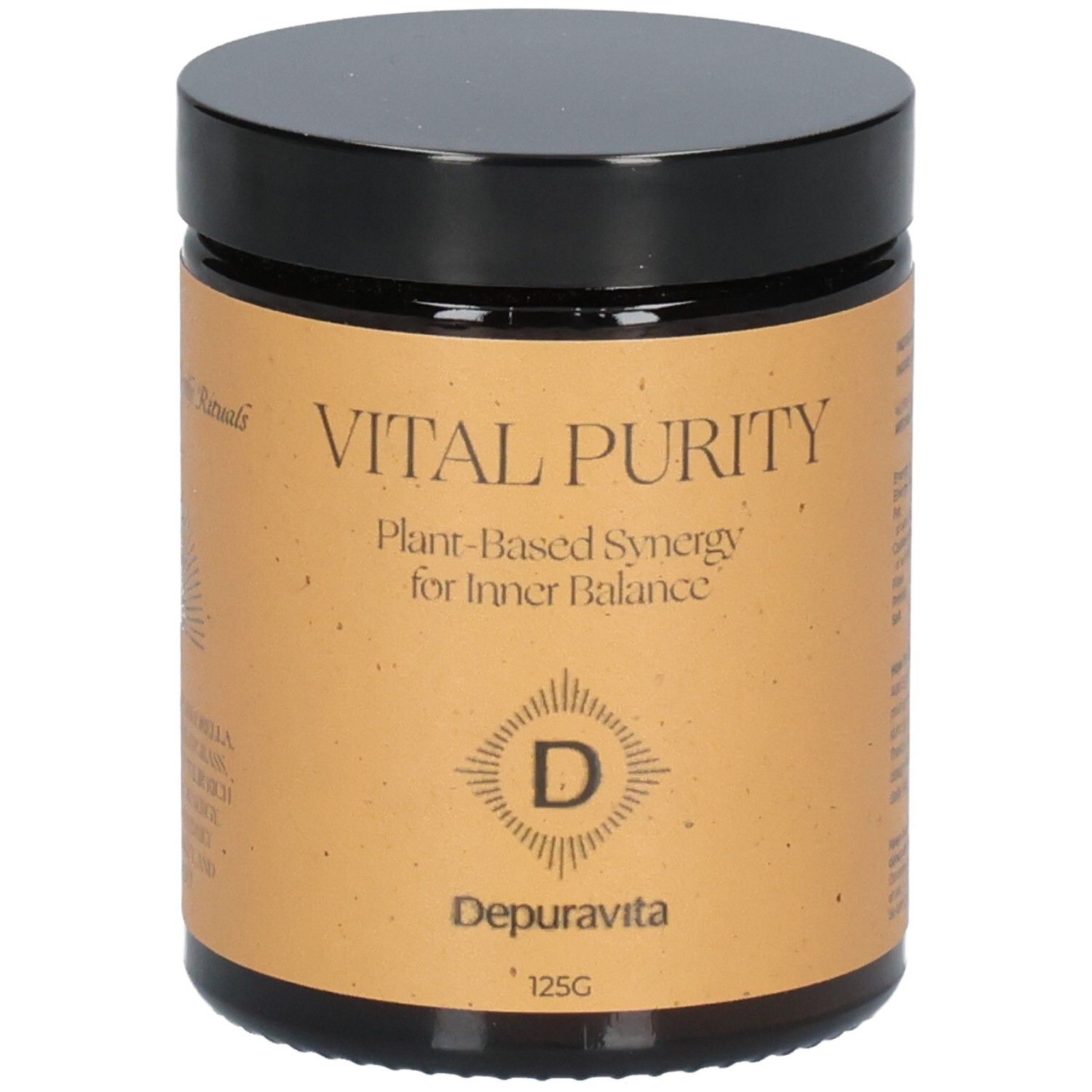 Pot marron avec couvercle noir. Inscription: VITAL PURITY, Depuravita. 125G.
