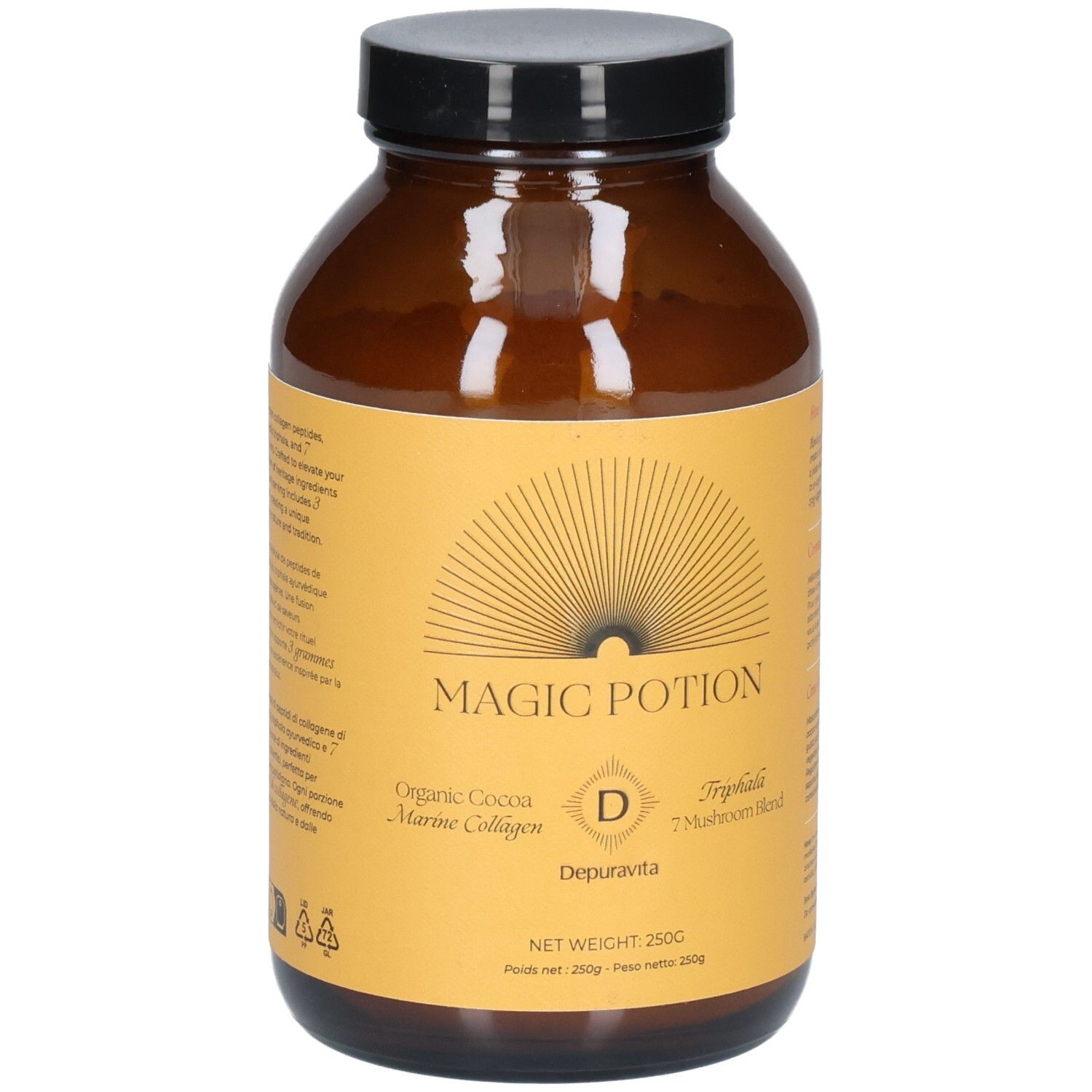 Flacon en verre brun avec couvercle noir. Étiquette "Magic Potion", "Organic Cocoa Marine Collagen", "Depuravita".