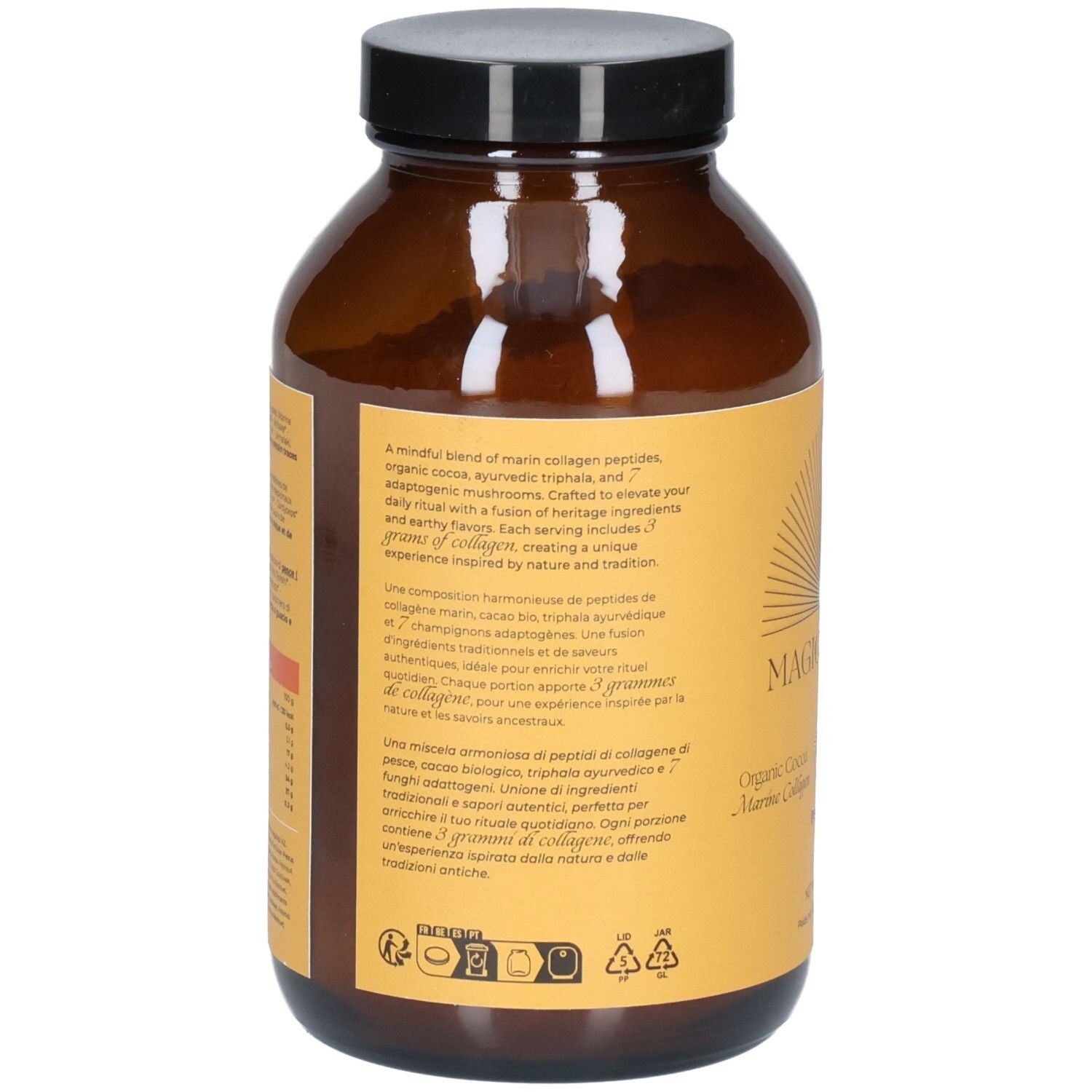 Dos du flacon en verre brun. Texte sur étiquette jaune. Informations sur les ingrédients et la valeur nutritionnelle.