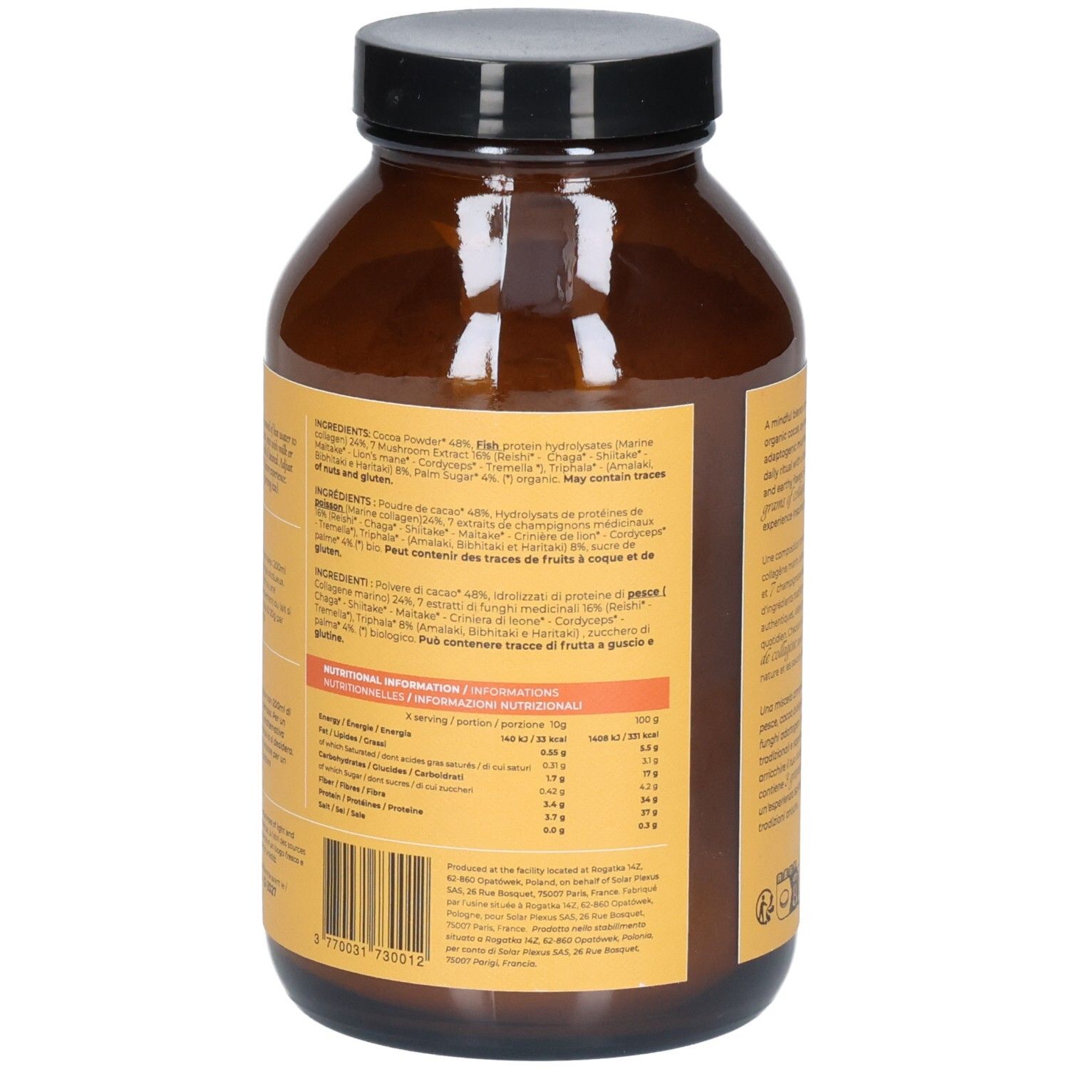 Dos du flacon en verre brun. Étiquette avec ingrédients, informations nutritionnelles et fabricant.