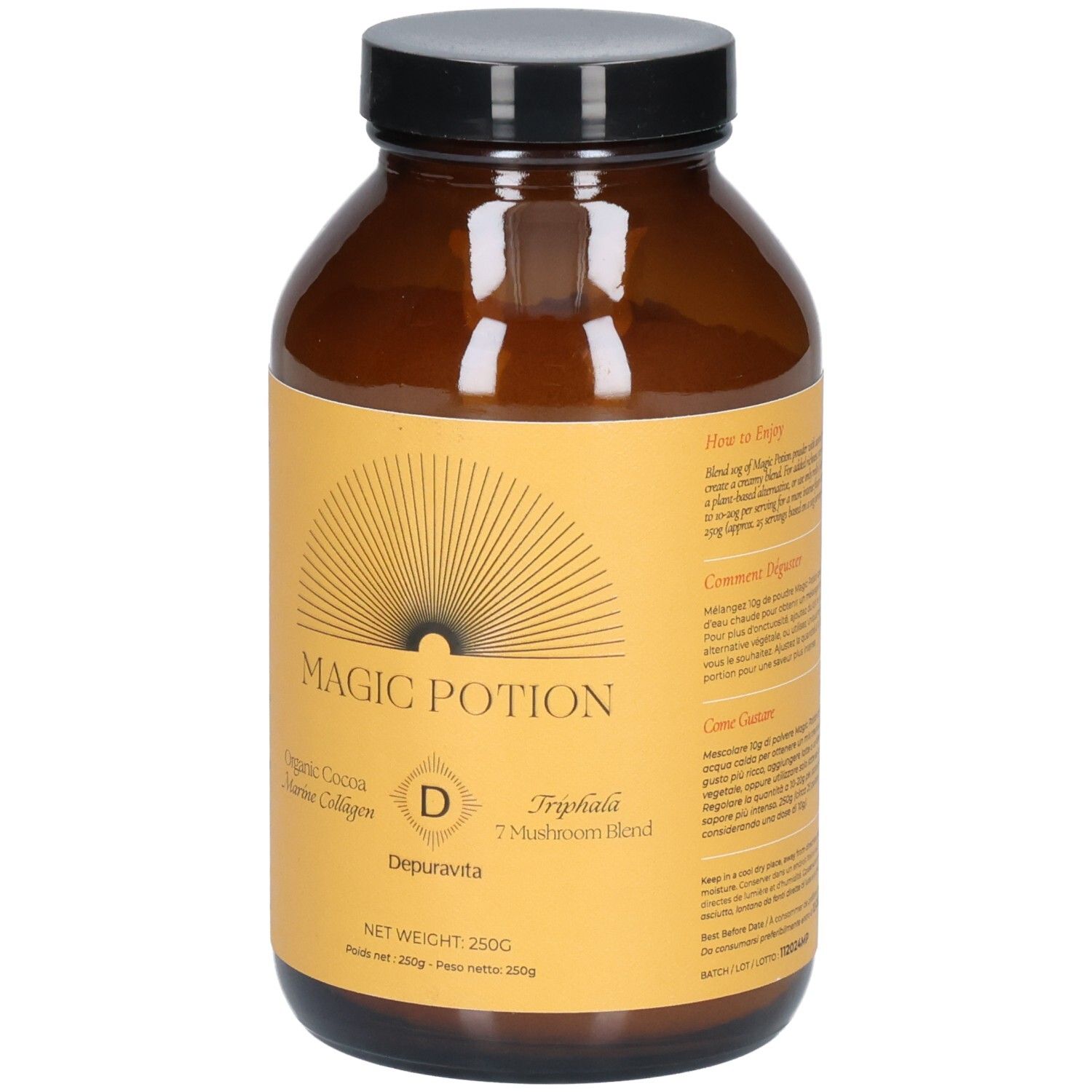 Flacon en verre brun avec couvercle noir. Étiquette "Magic Potion", "Organic Cocoa Marine Collagen", "Depuravita".