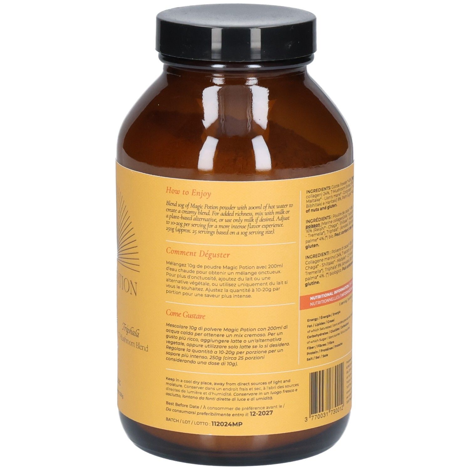 Dos du flacon en verre brun. Instructions d'utilisation et informations nutritionnelles sur étiquette jaune.